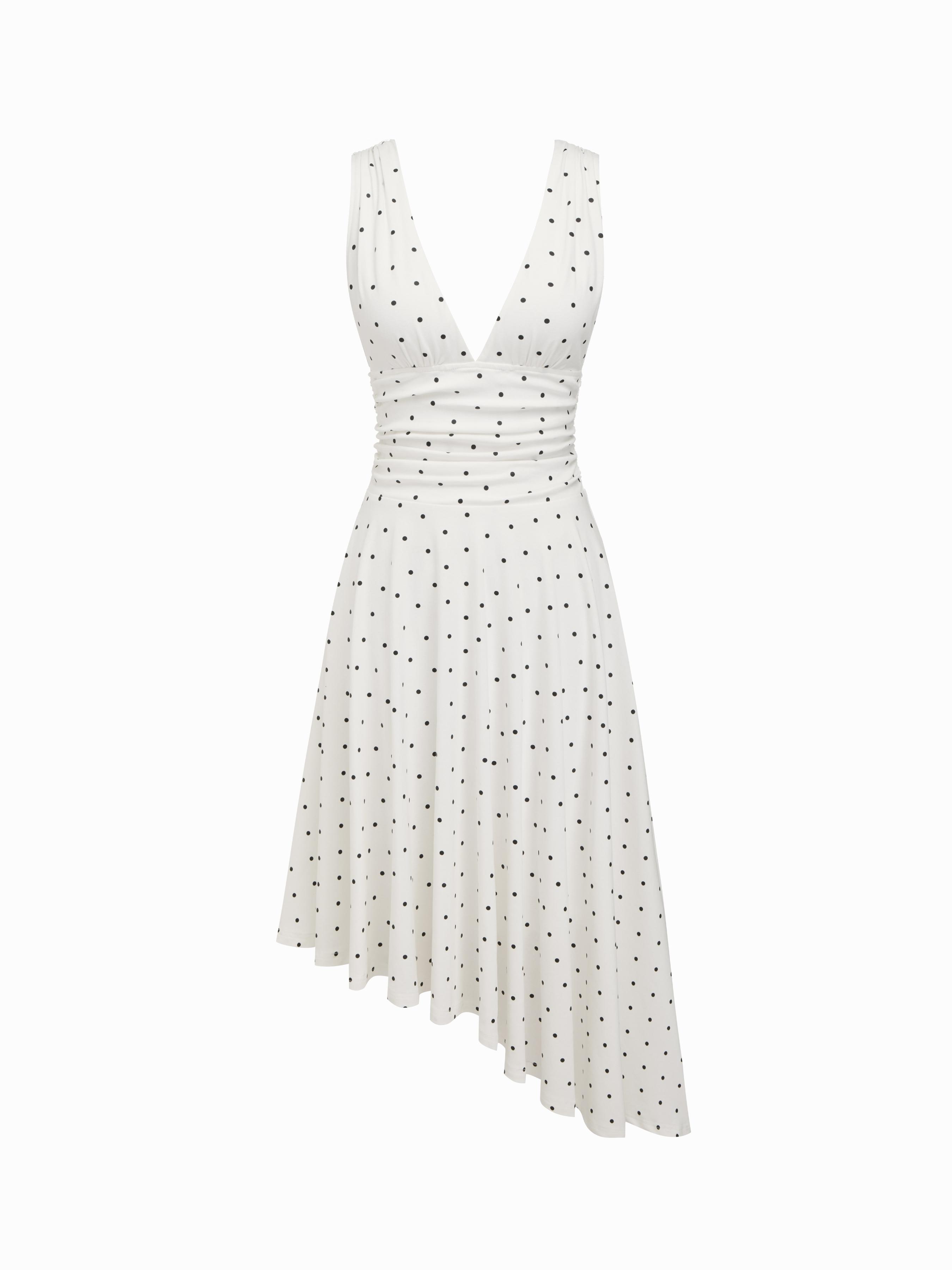 Cotton V-Neck Polka Dot Asymmetrical Hem Ruched Flared Midi Dress by CIDER