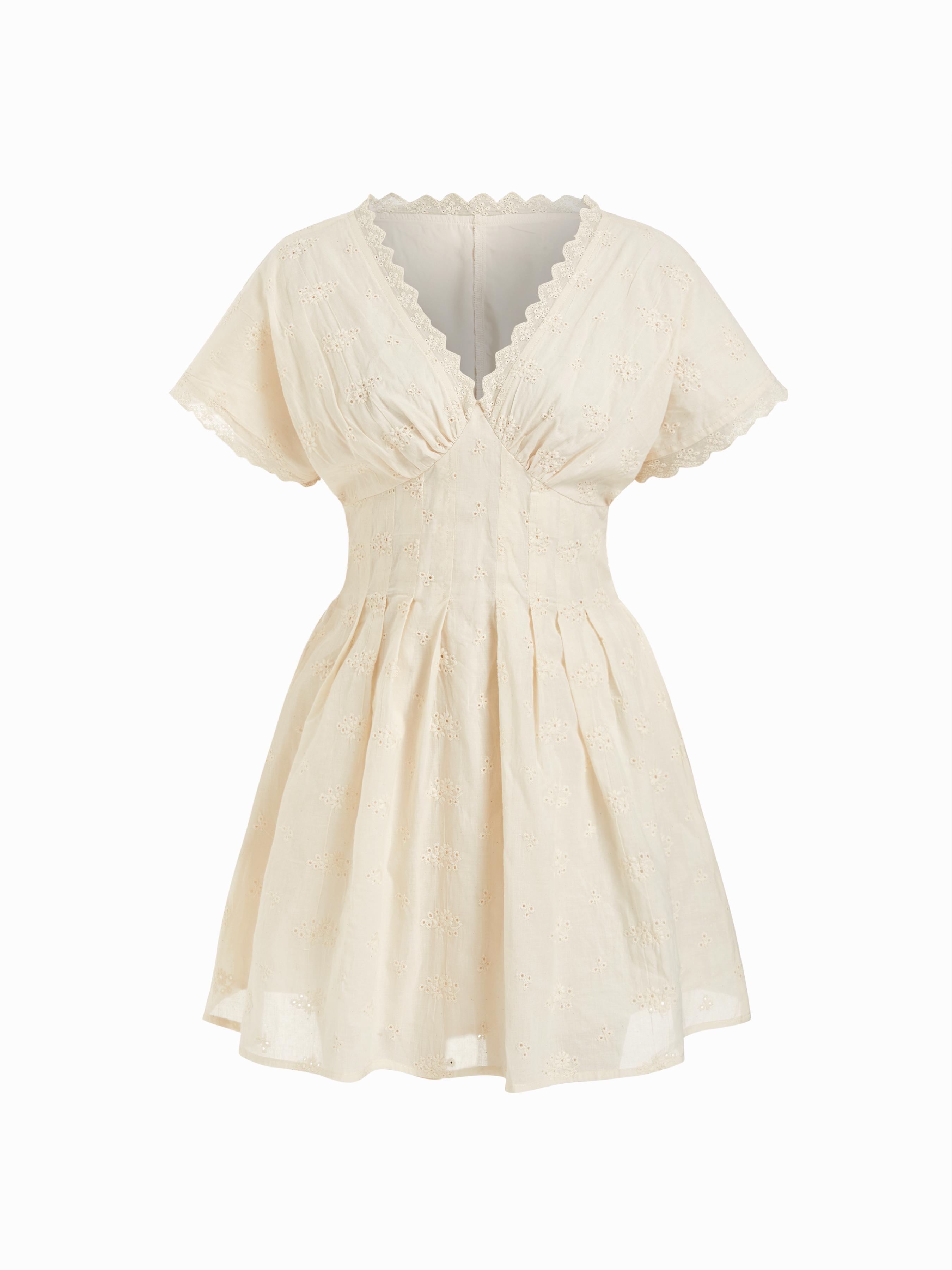 Cotton V-neck Batwing Sleeve Eyelet Flared Mini Dress by CIDER