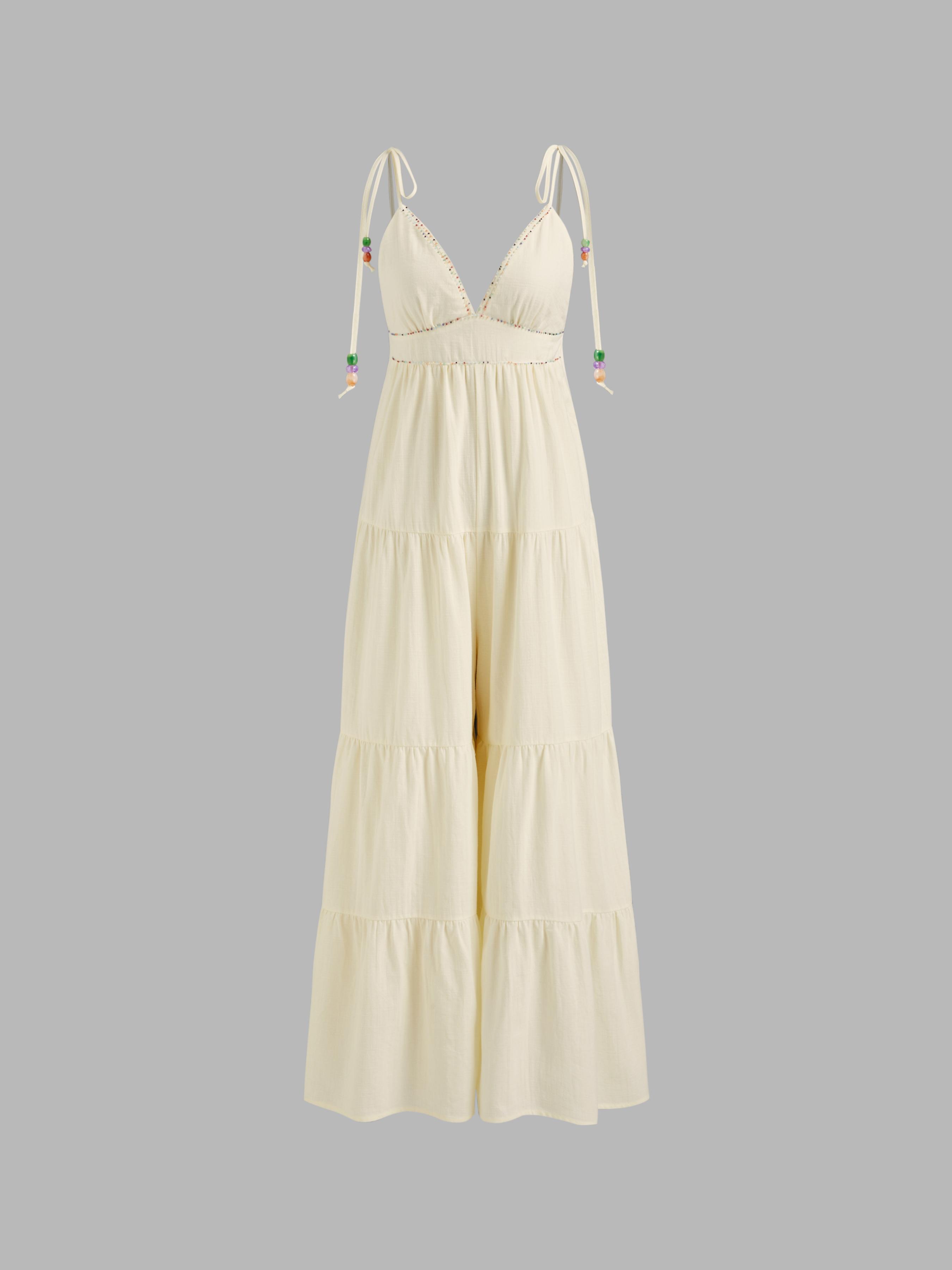 Cotton V-neck Beaded Contrasting Binding Tiered Jumpsuit by CIDER