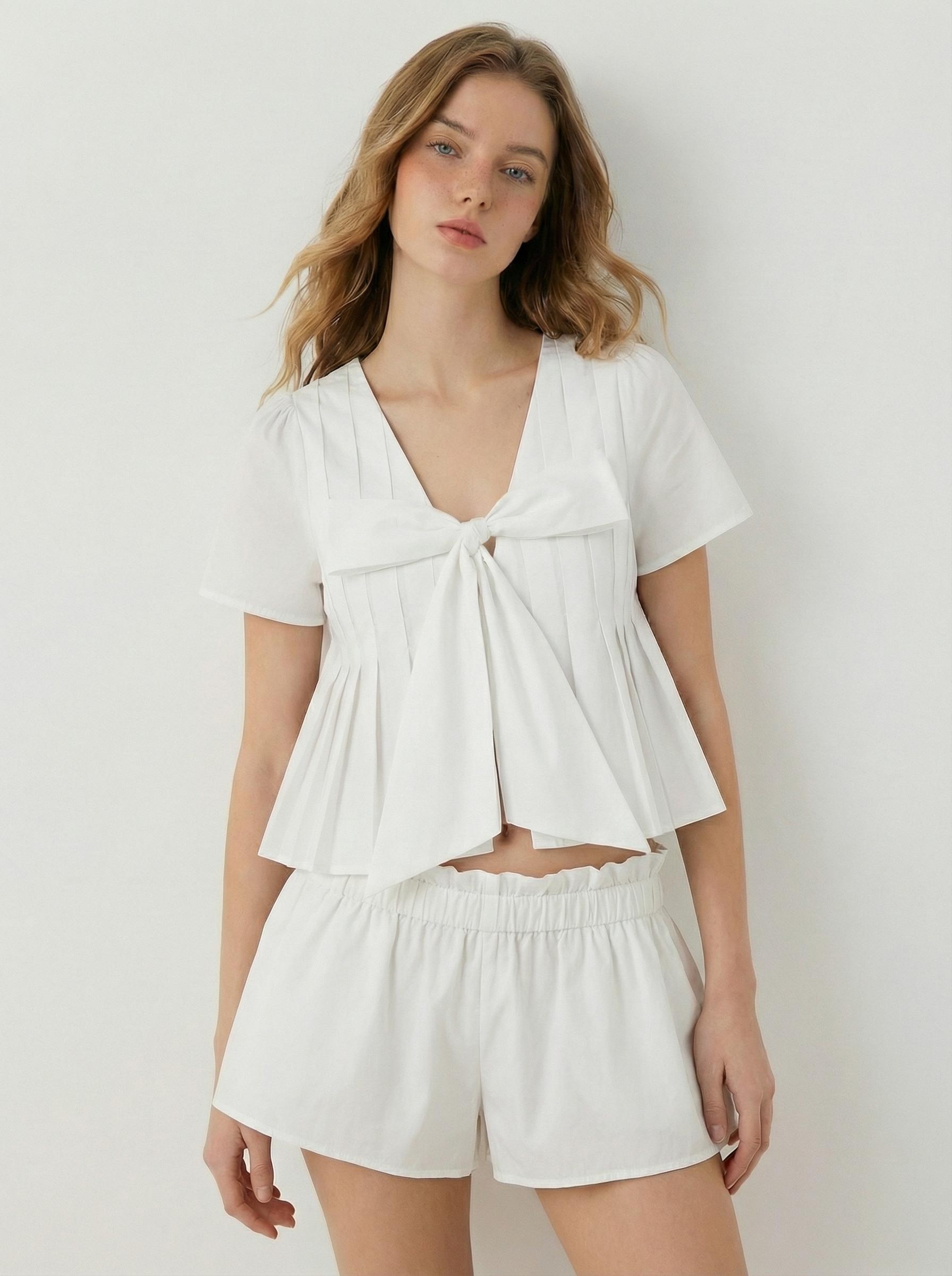 Cotton V-neck Bowknot Puff Sleeve Crop Blouse by CIDER