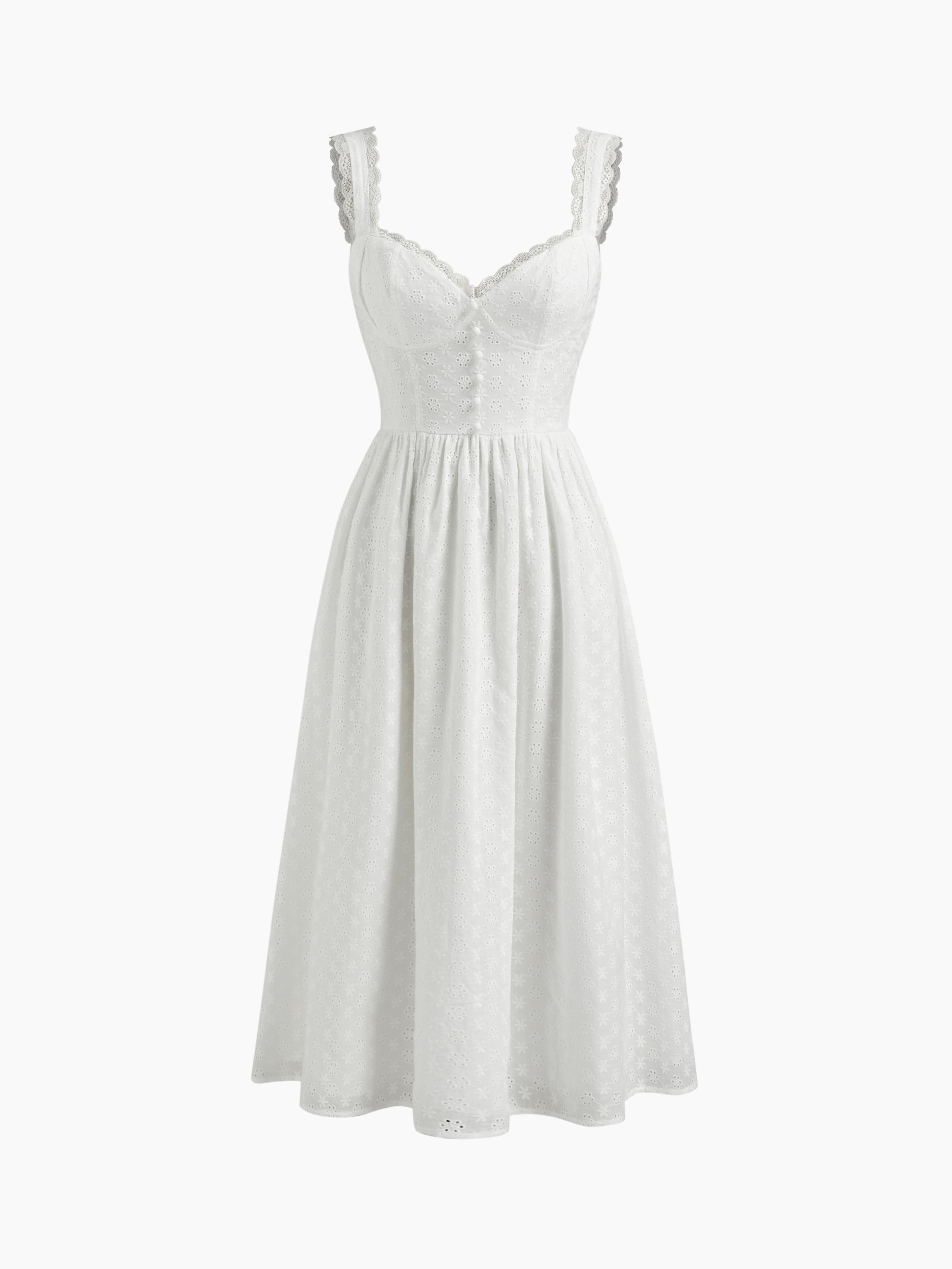 Cotton V-neck Broderie Anglaise Floral Button Midi Dress by CIDER