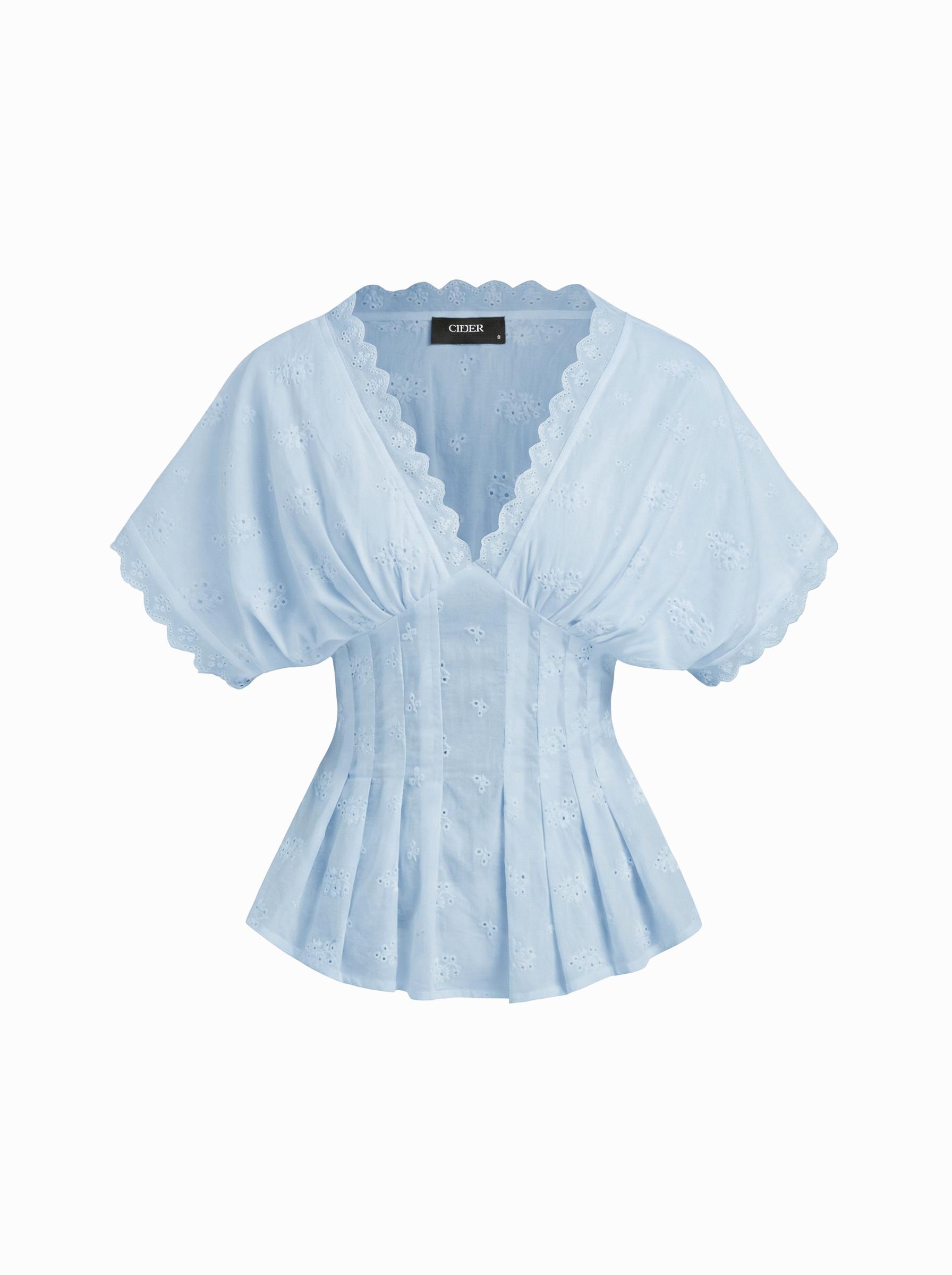 Cotton V-neck Broderie Anglaise Pleated Shirred Short Sleeve Blouse by CIDER