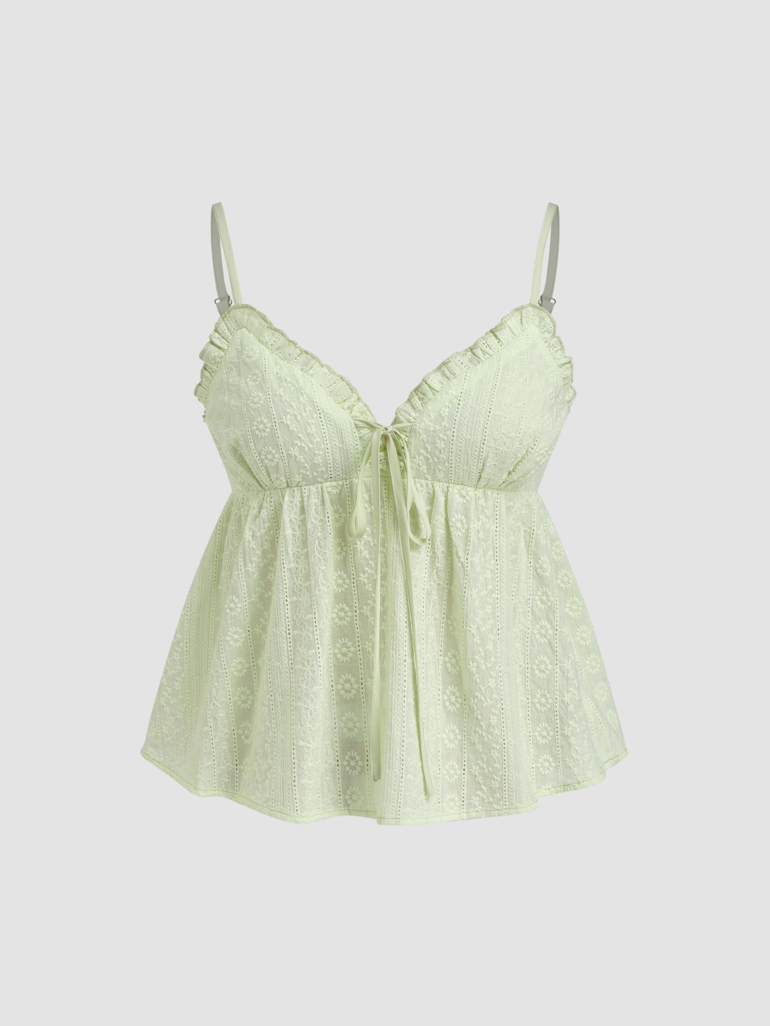 Cotton V-neck Broderie Anglaise Shirred Lettuce Trim Cami Top by CIDER