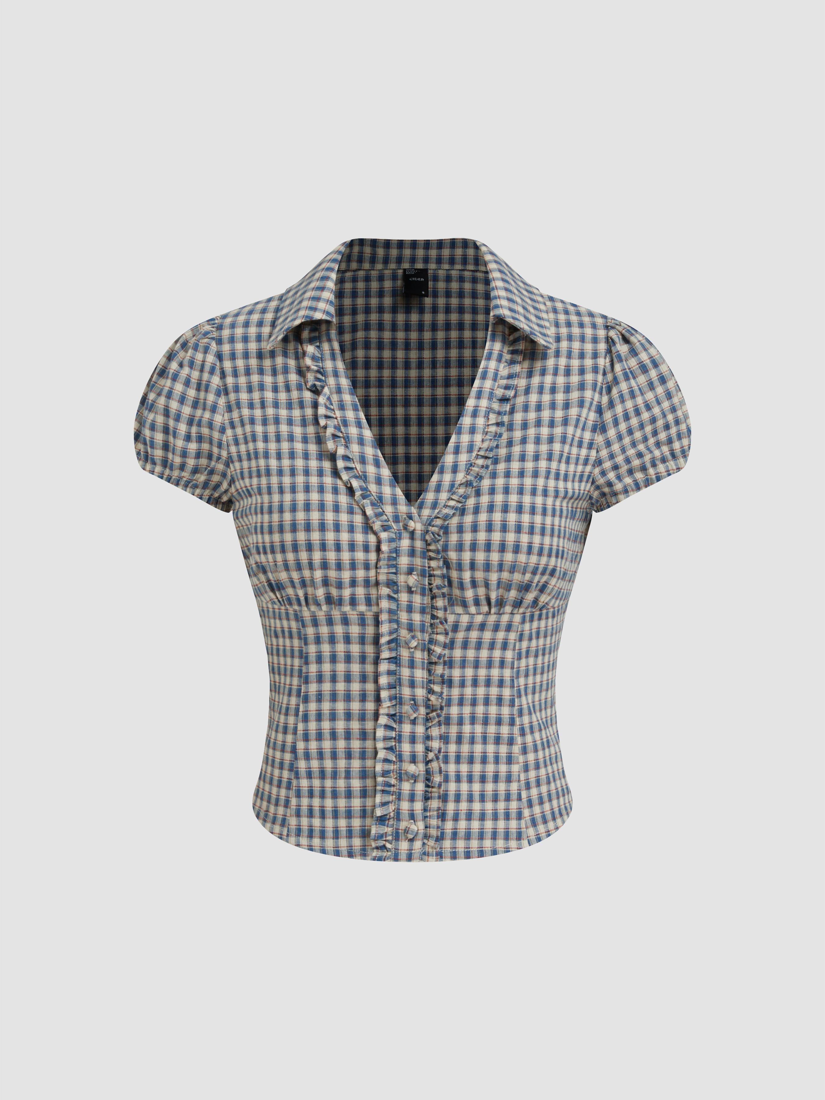 Cotton V-neck Check Button Short Sleeve Gingham Blouse by CIDER