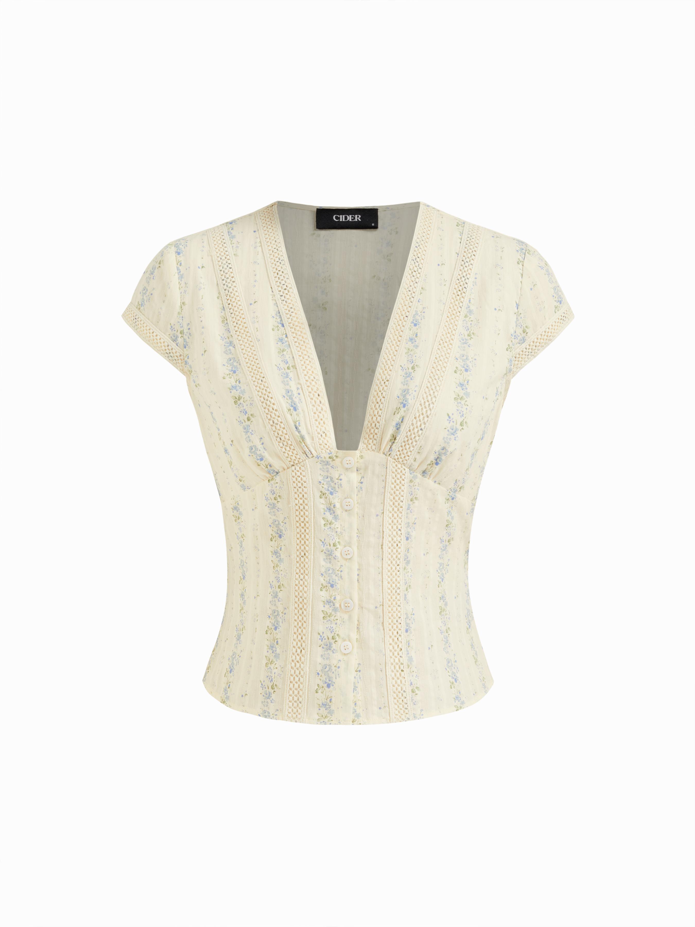 Cotton V-neck Floral Short Sleeve Blouse by CIDER
