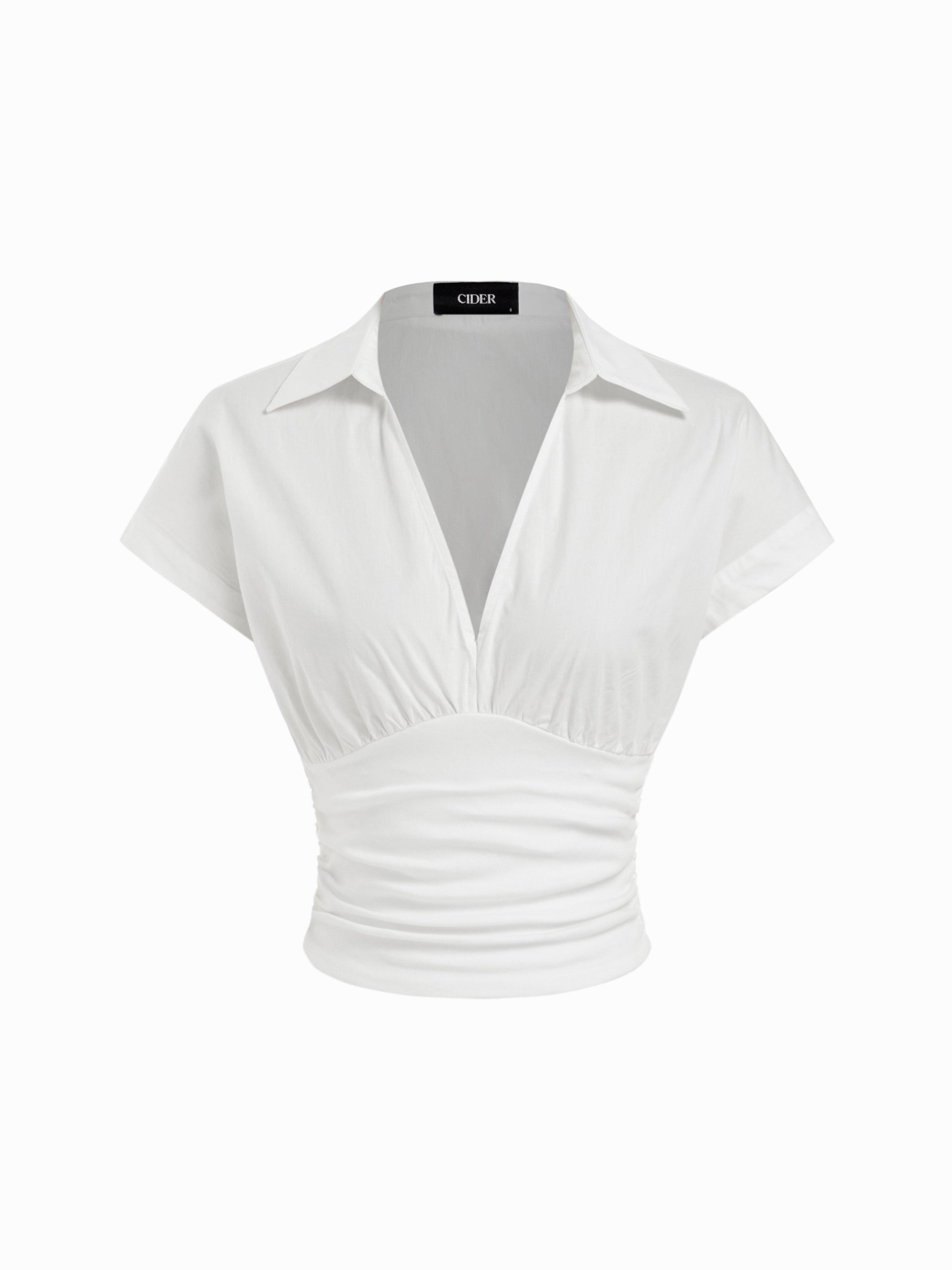 Cotton V-neck Ruched Short Sleeve Blouse by CIDER
