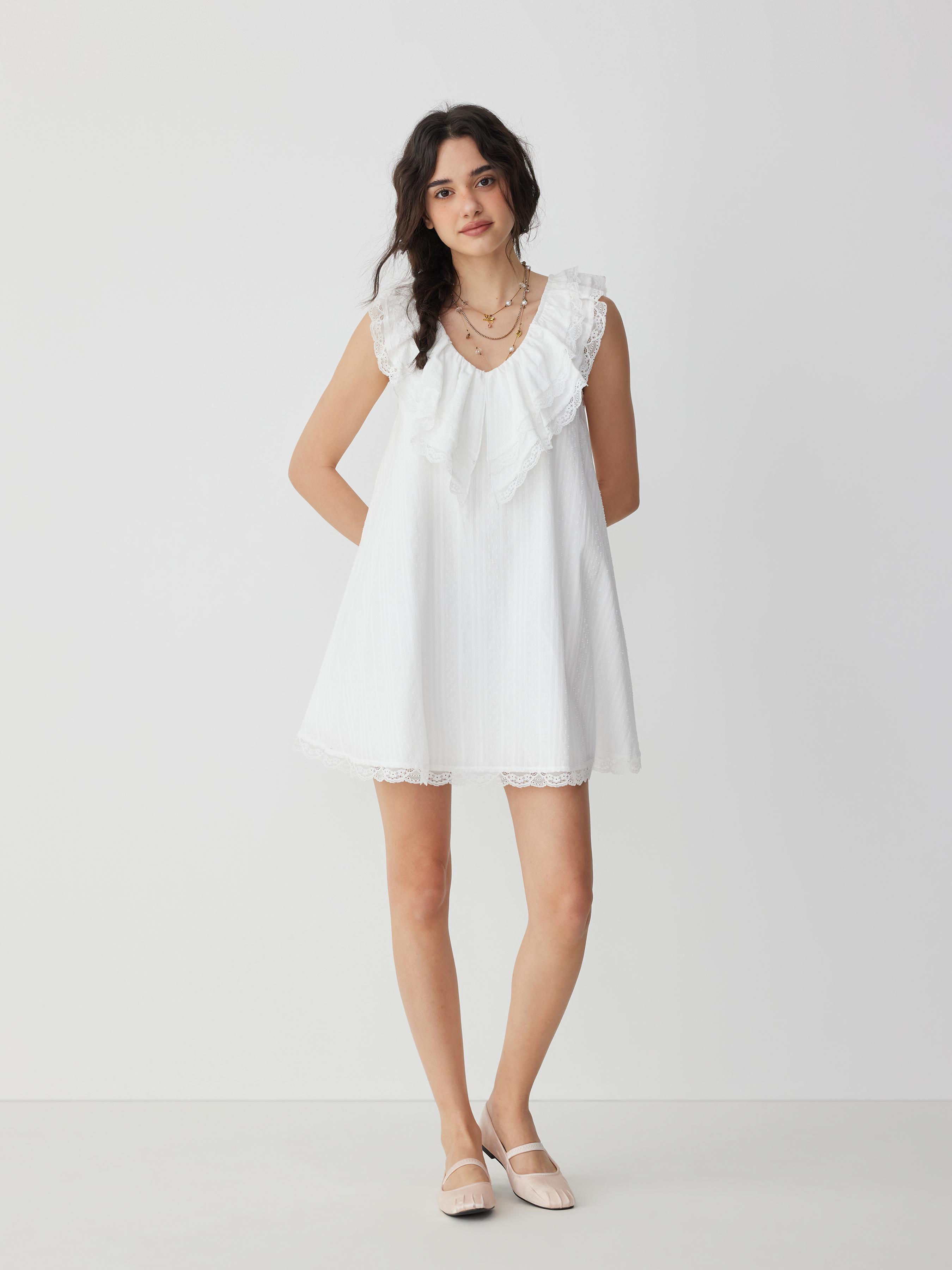 Cotton V-neck Ruffle Sleeve Lace Panel Babydoll Mini Dress by CIDER