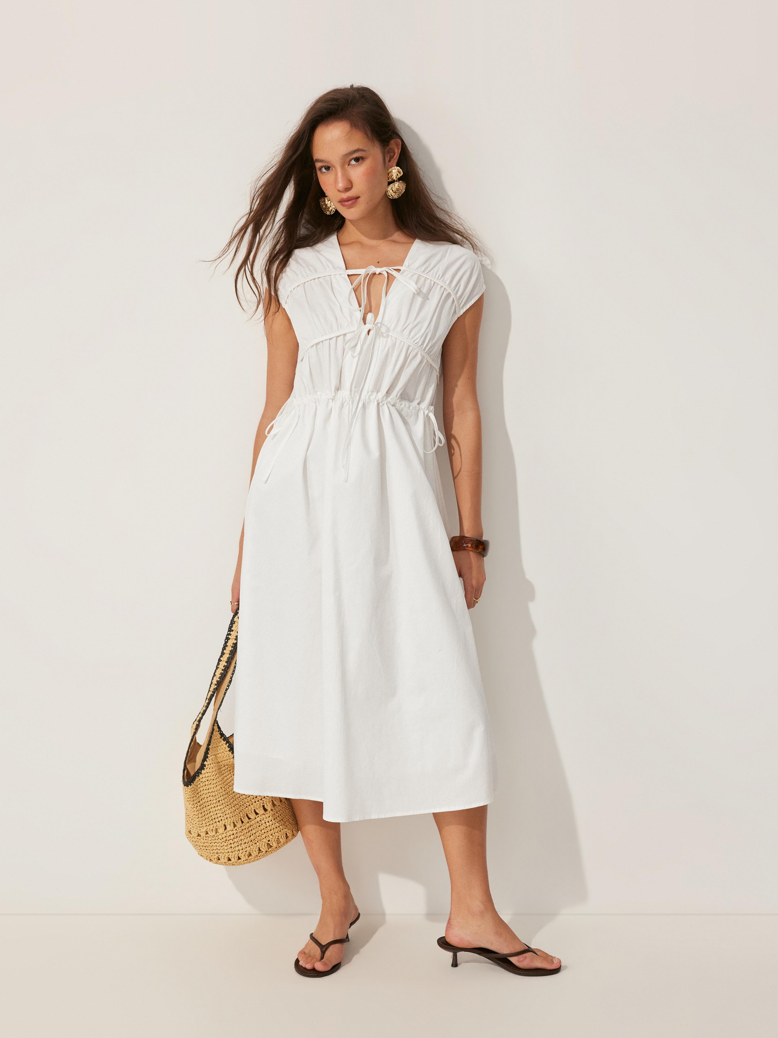Cotton V-neck Tie Front Bow A-line Midi Dress by CIDER