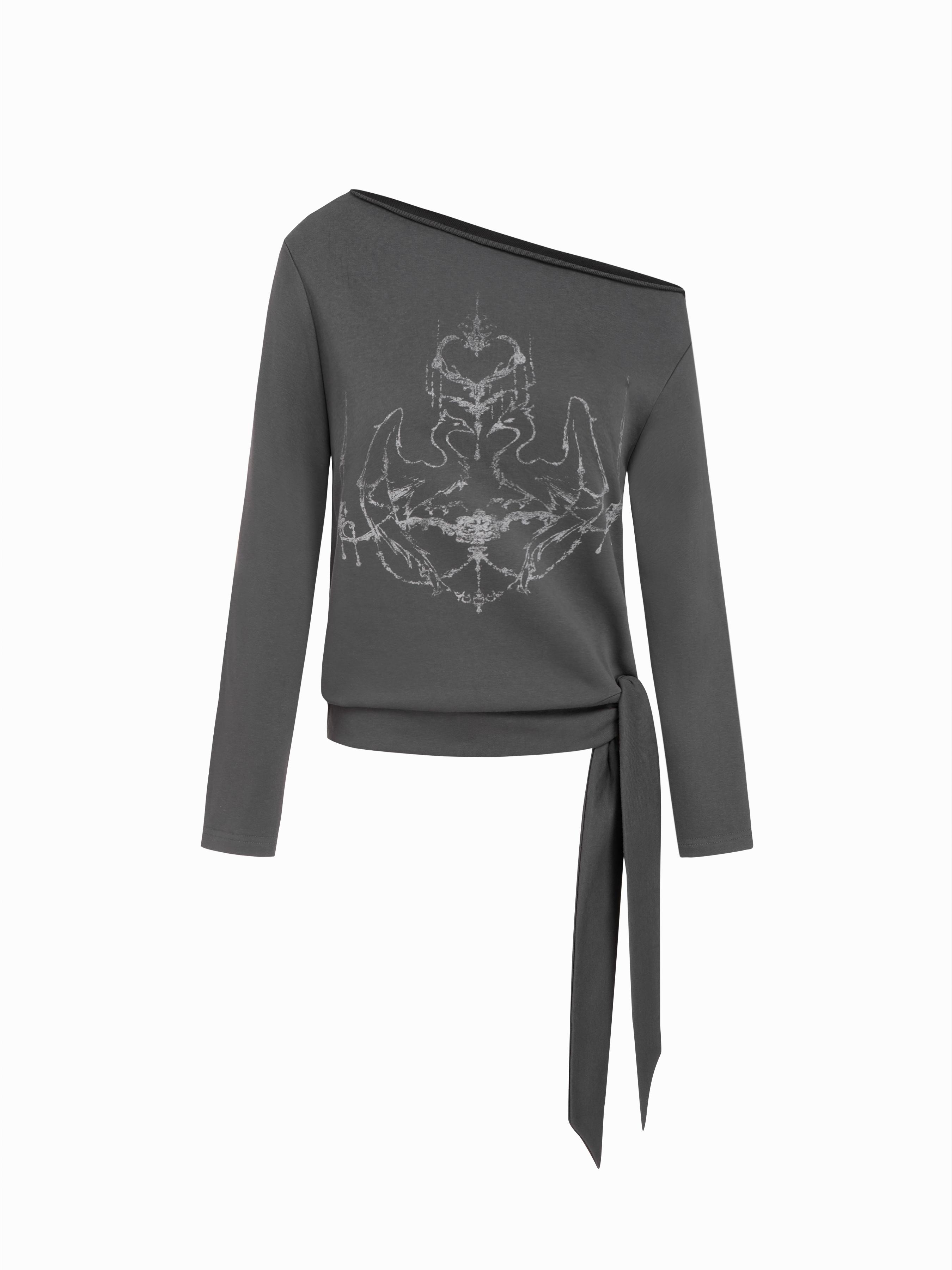 Cotton-blend Abstract Graphic Asymmetrical Neck Long Sleeve Tie Side Oversized Tee by CIDER