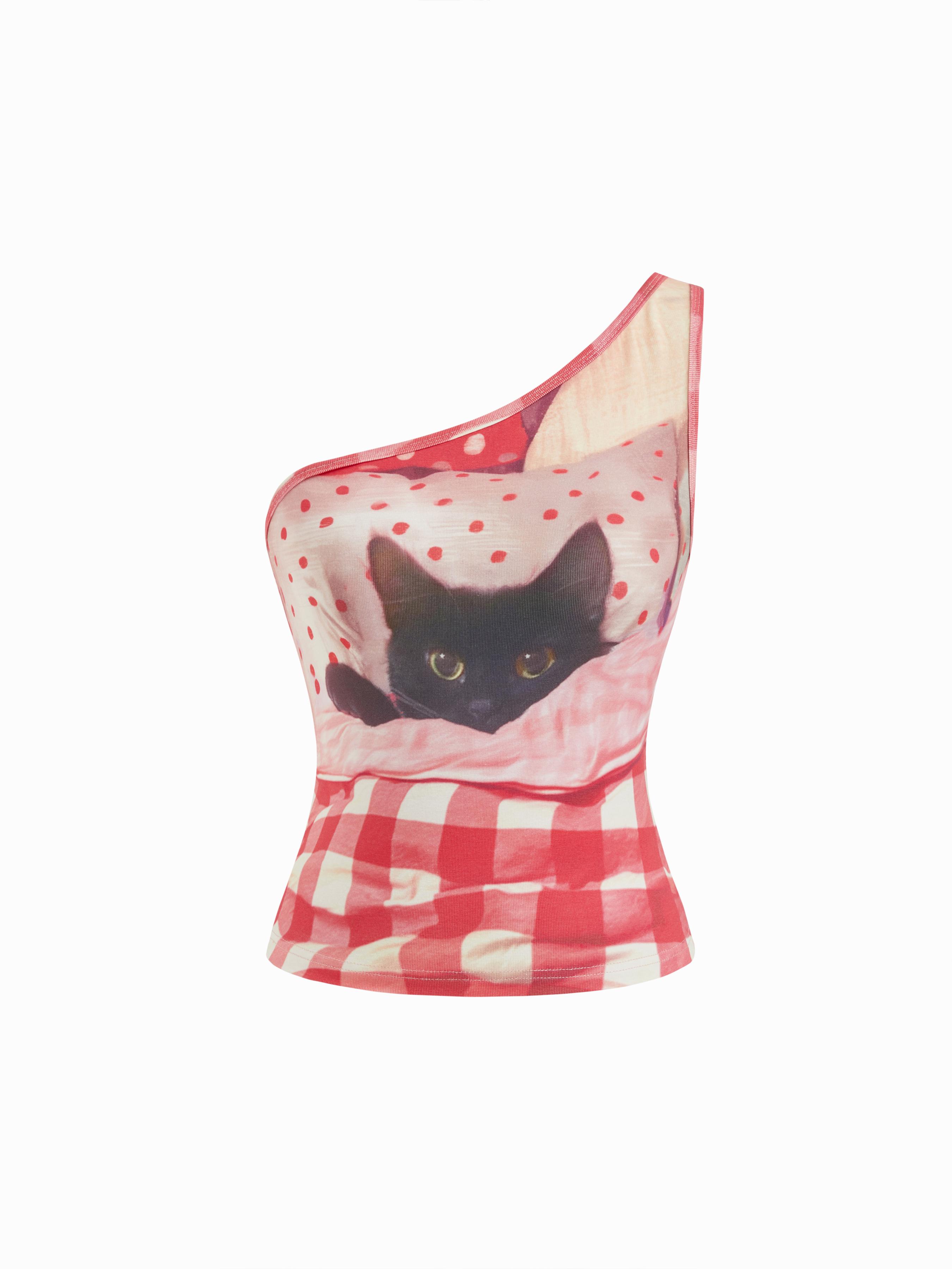 Cotton-blend Asymmetrical Neck Cat Graphic Gingham Tank Top by CIDER