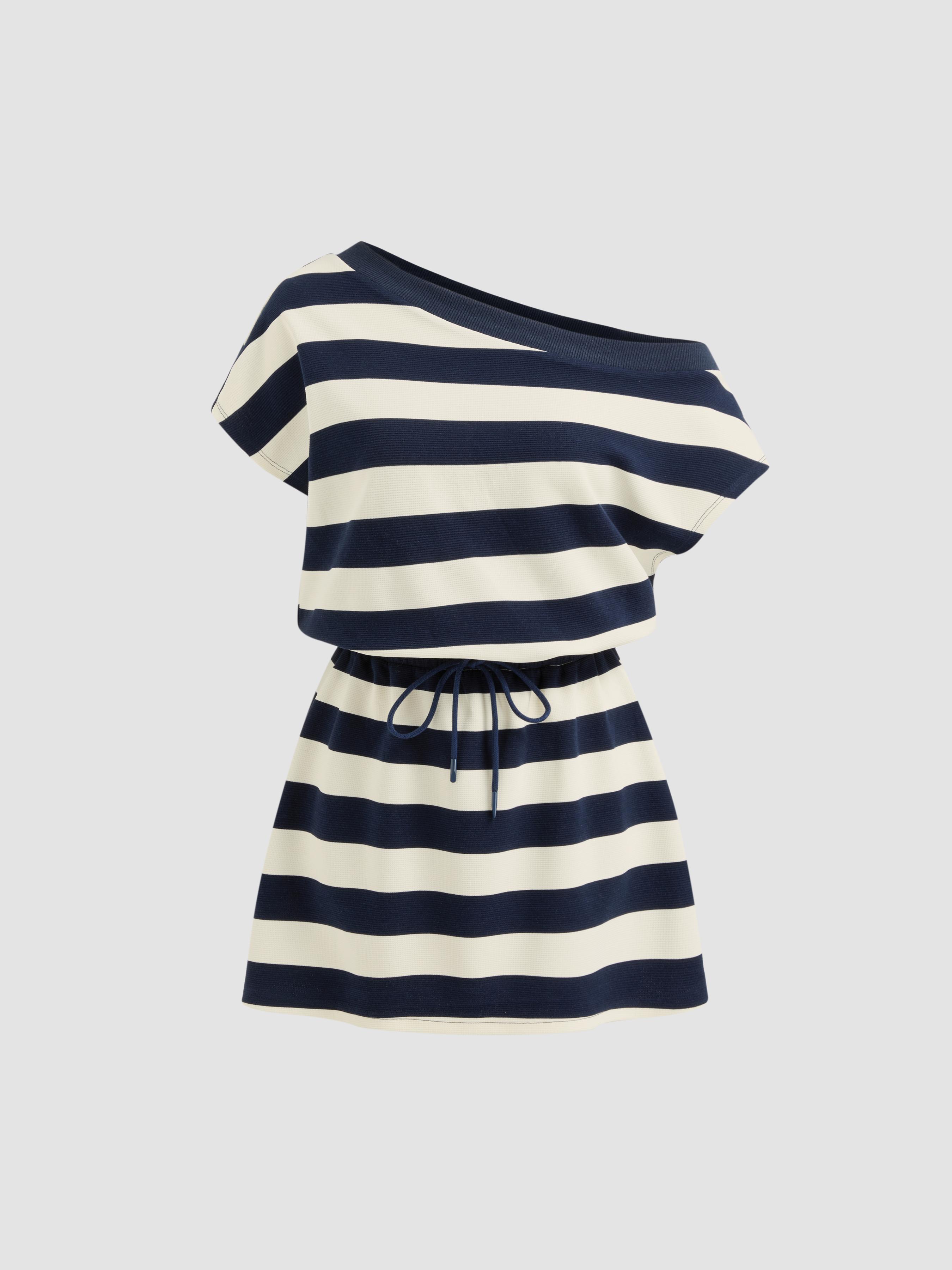 Cotton-blend Asymmetrical Neck Drawstring Stripe Mini Dress by CIDER
