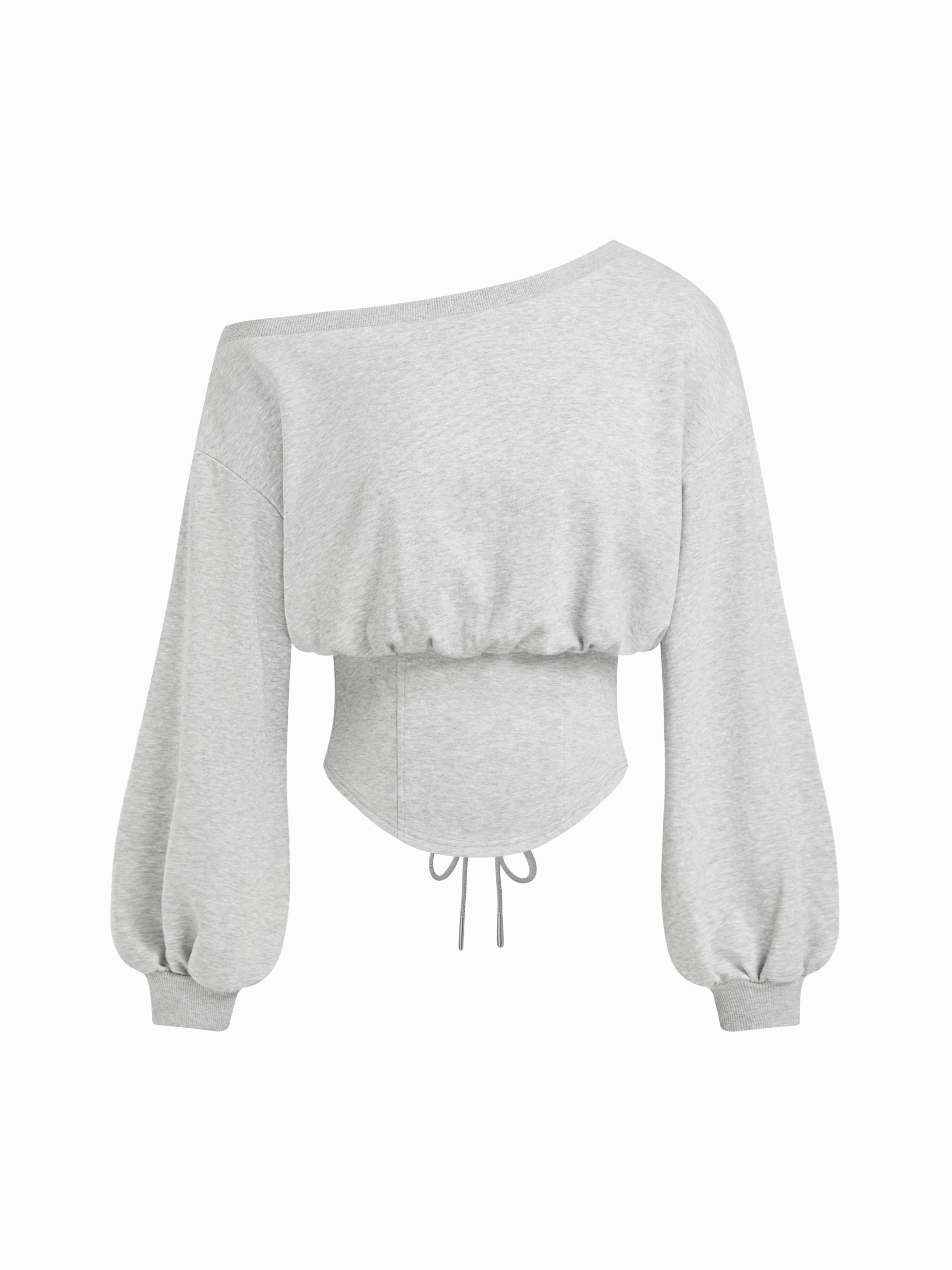 Cotton-blend Asymmetrical Neck Lace Up Lantern Sleeve Sweatshirt by CIDER