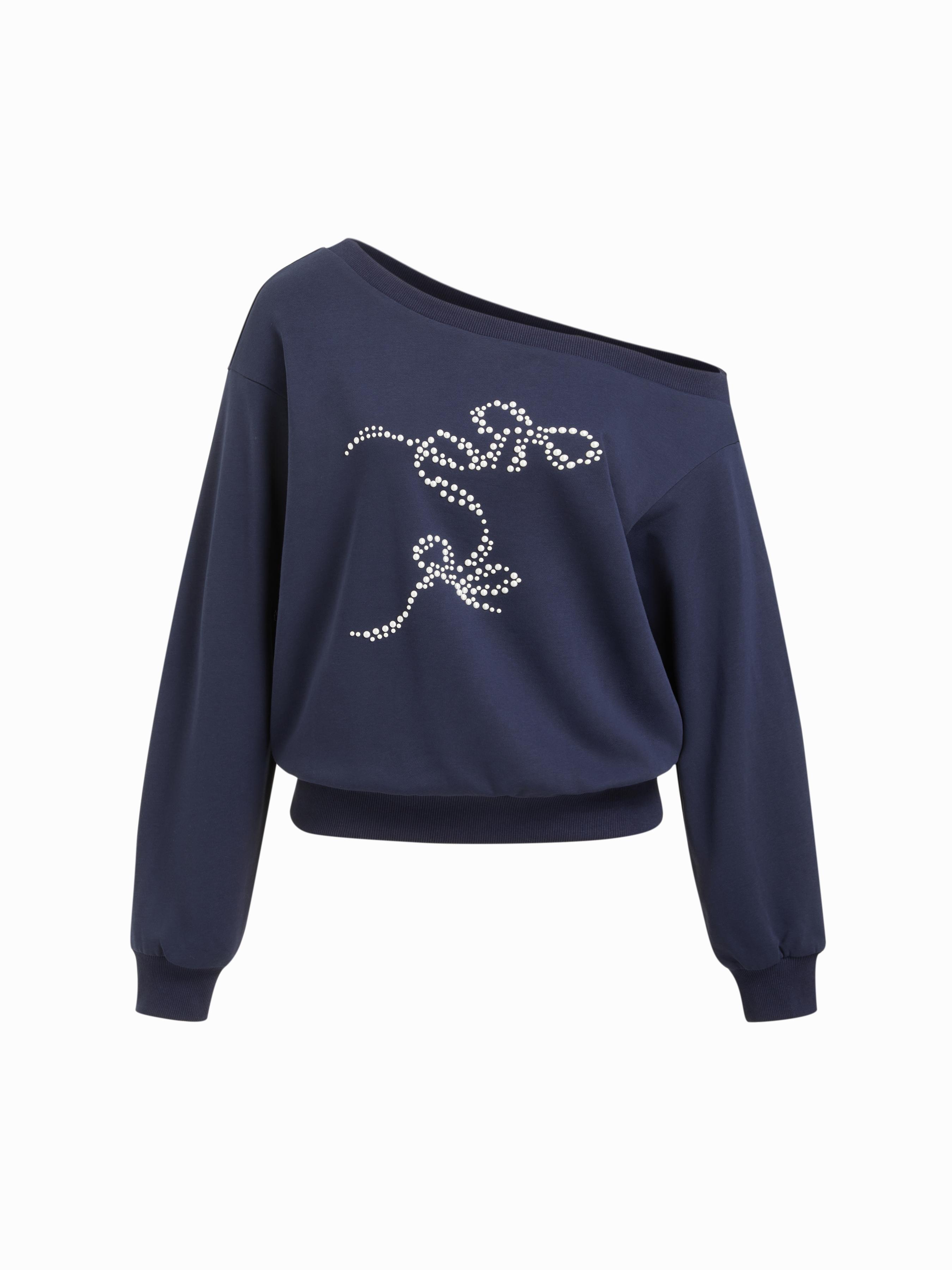 Cotton-blend Asymmetrical Neck Long Sleeve Faux Pearl Bowknot Oversized Sweatshirt by CIDER