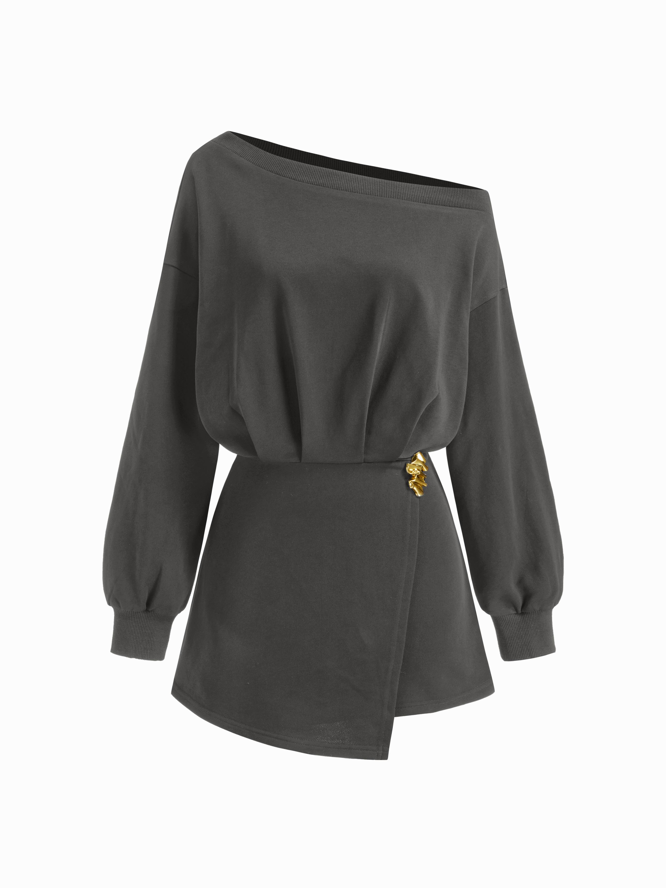 Cotton-blend Asymmetrical Neck Metal Detail Sweatshirt Mini Dress by CIDER