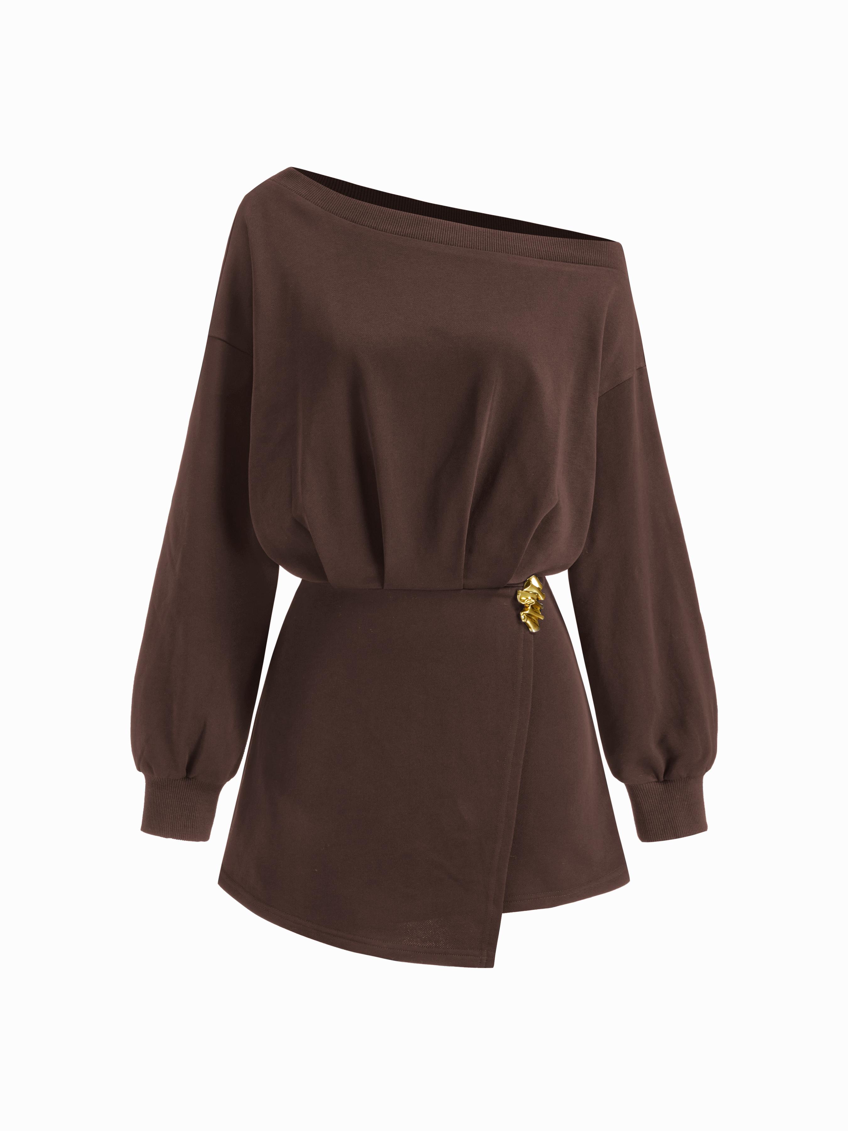 Cotton-blend Asymmetrical Neck Metal Detail Sweatshirt Mini Dress by CIDER