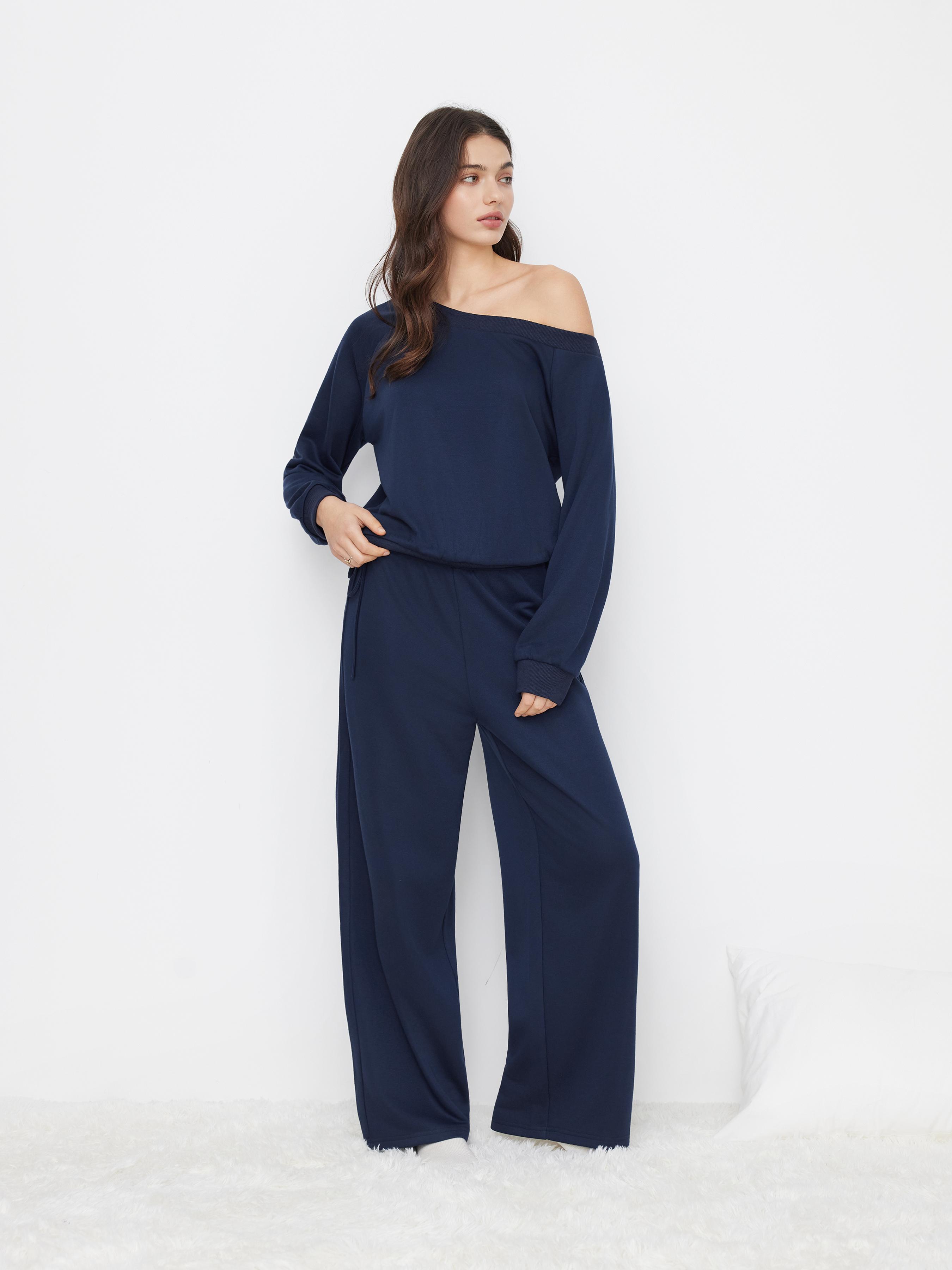 Cotton-blend Asymmetrical Neck Oversized Top & Mid Rise Drawstring Side Knotted Trousers Loungewear Set by CIDER
