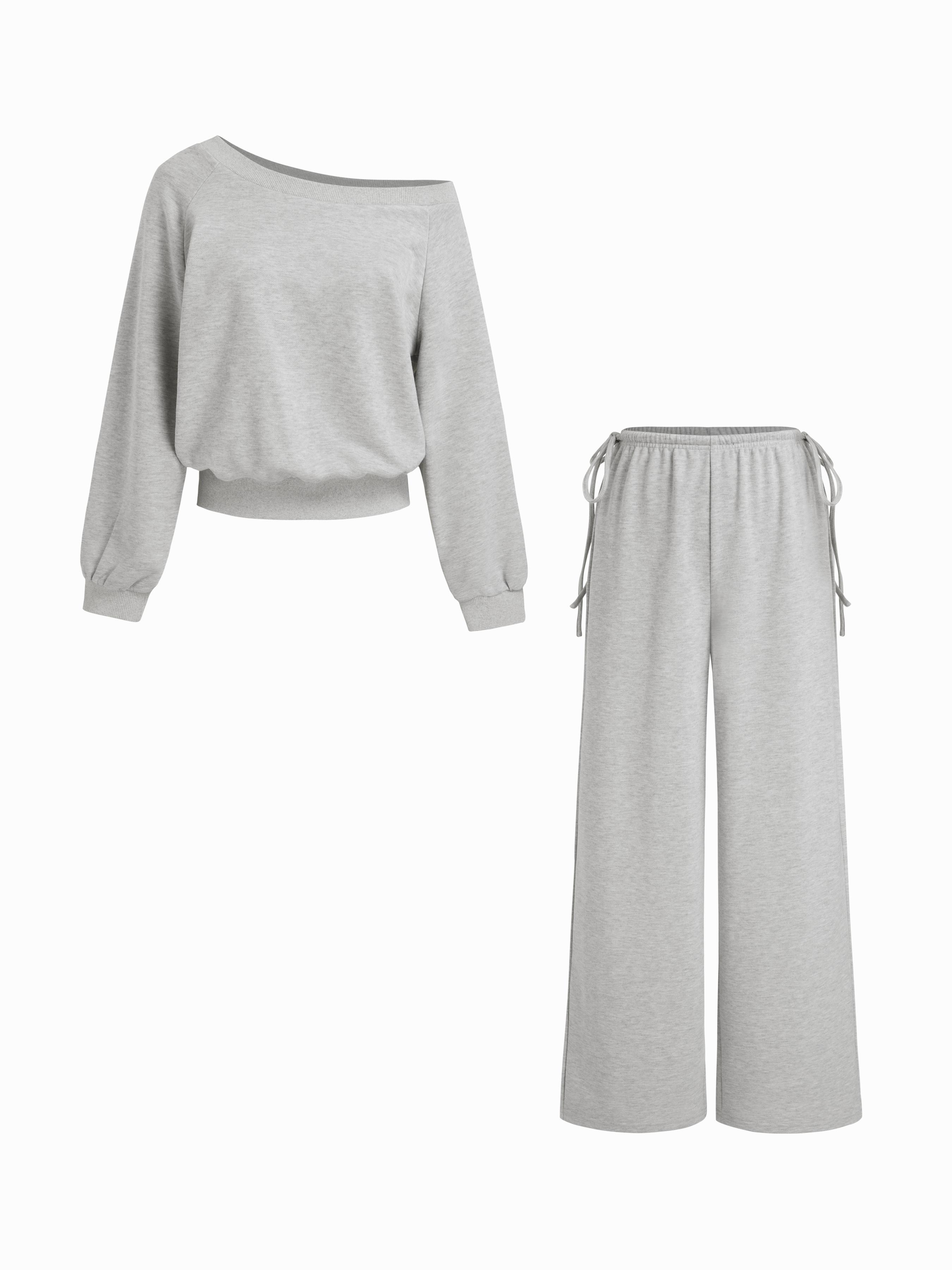 Cotton-blend Asymmetrical Neck Oversized Top & Mid Rise Drawstring Side Knotted Trousers Loungewear Set by CIDER