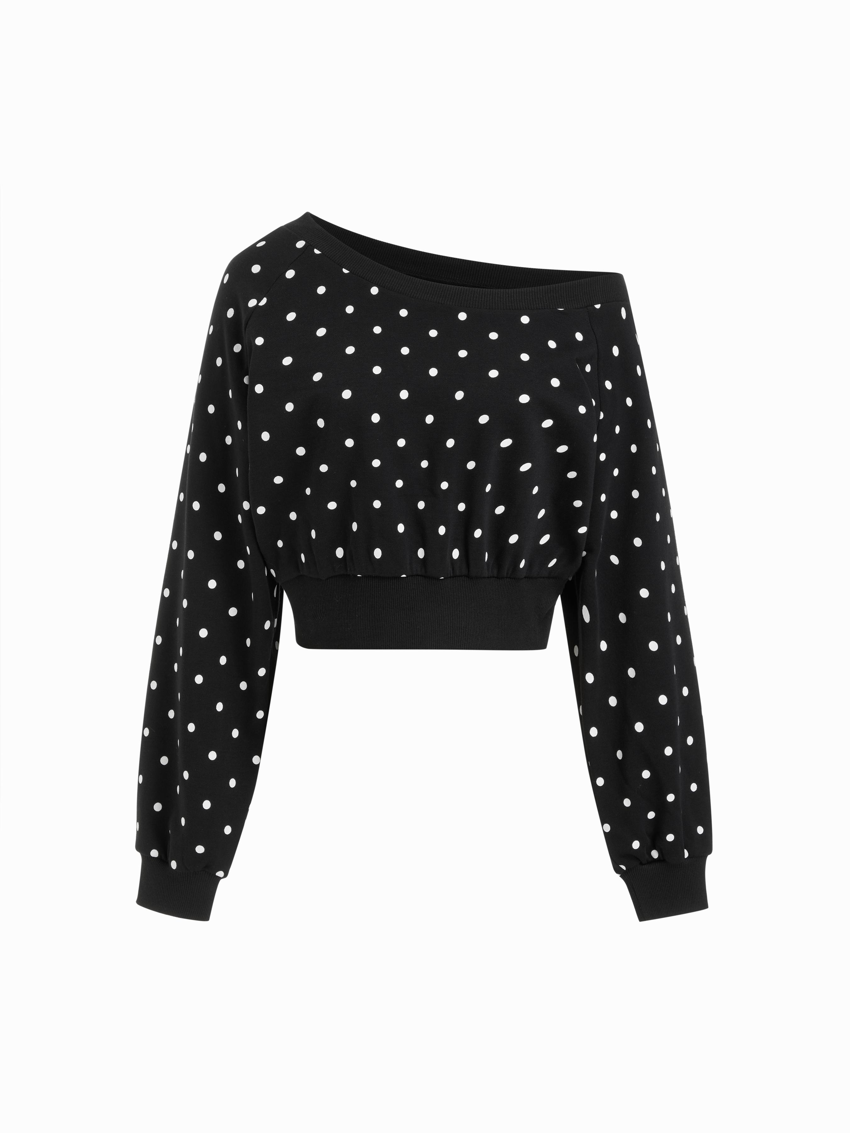Cotton-blend Asymmetrical Neck Polka Dot Crop Sweatshirt by CIDER