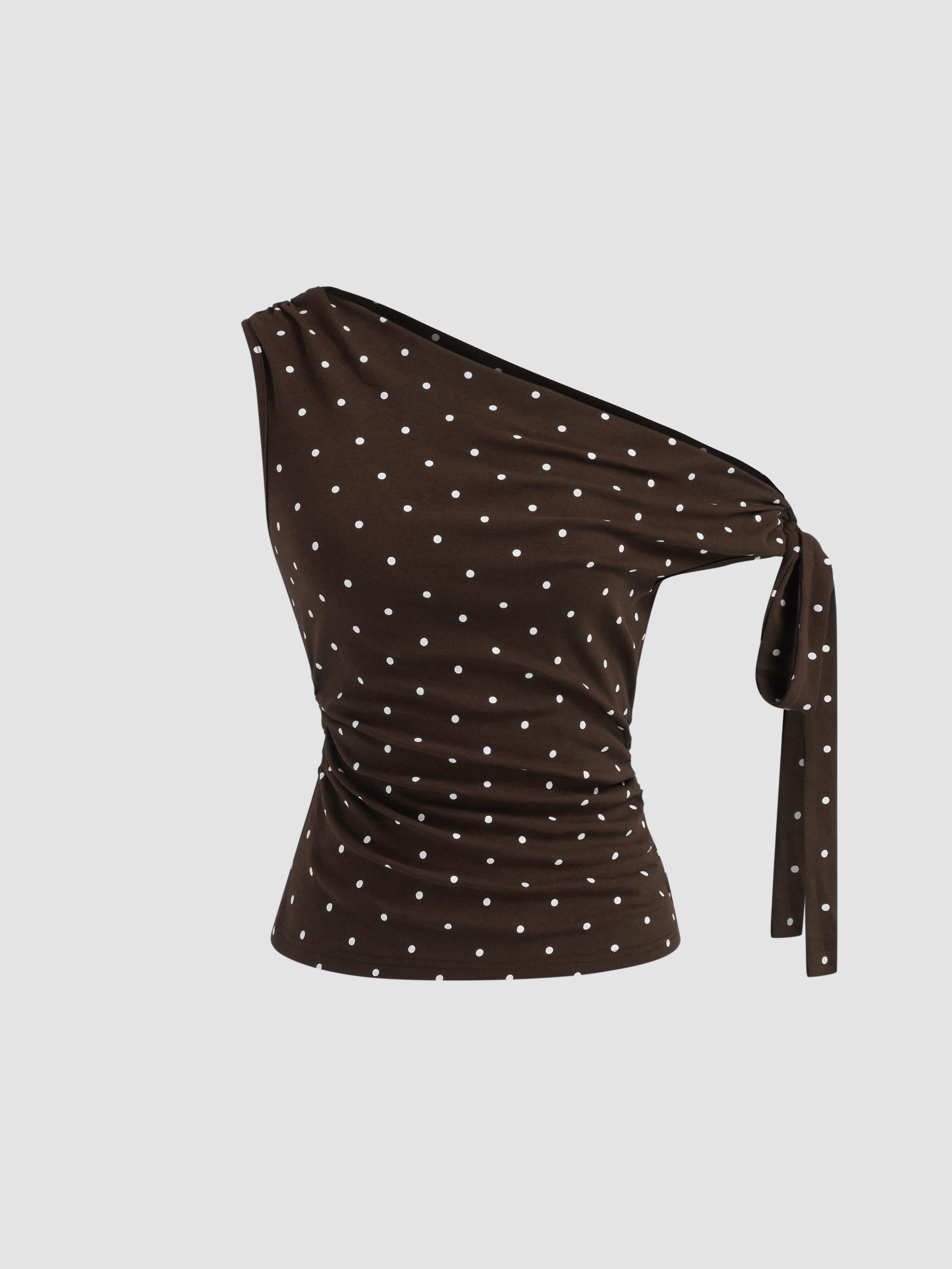 Cotton-blend Asymmetrical Neck Polka Dot Ruched Knotted Top by CIDER