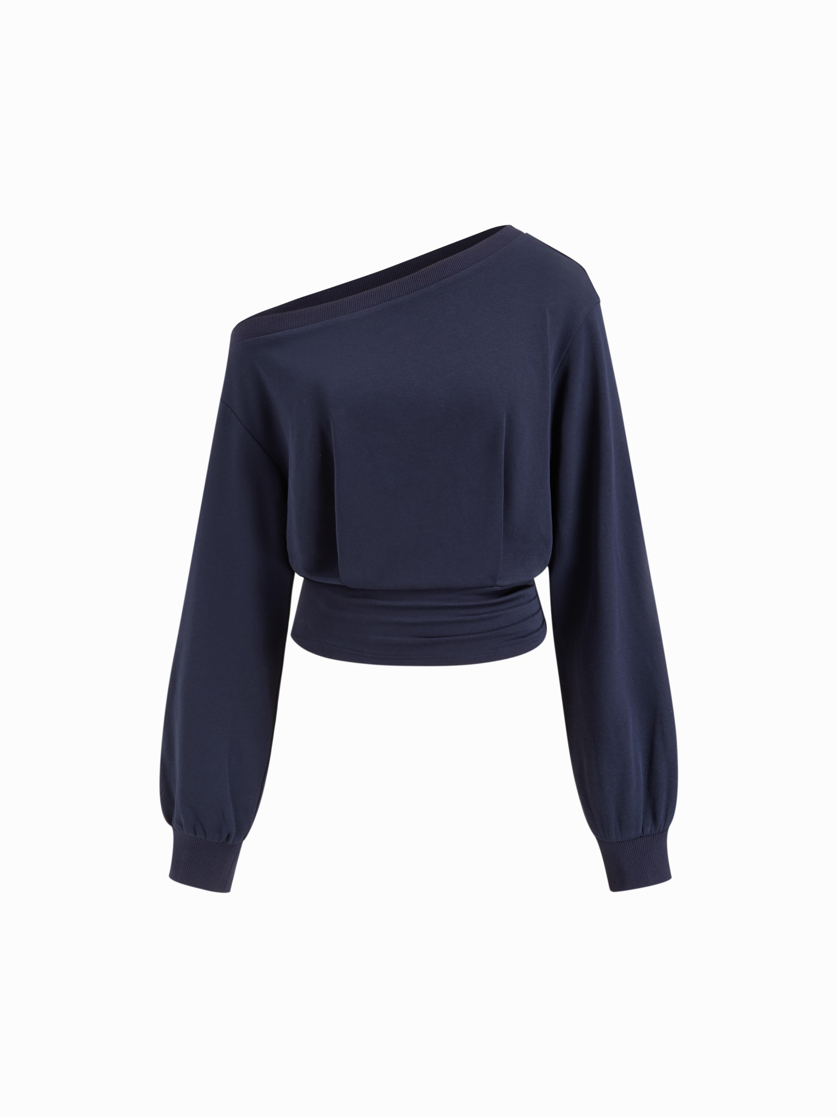 Cotton-blend Asymmetrical Neck Ruched Cinched Waist Sweatshirt by CIDER
