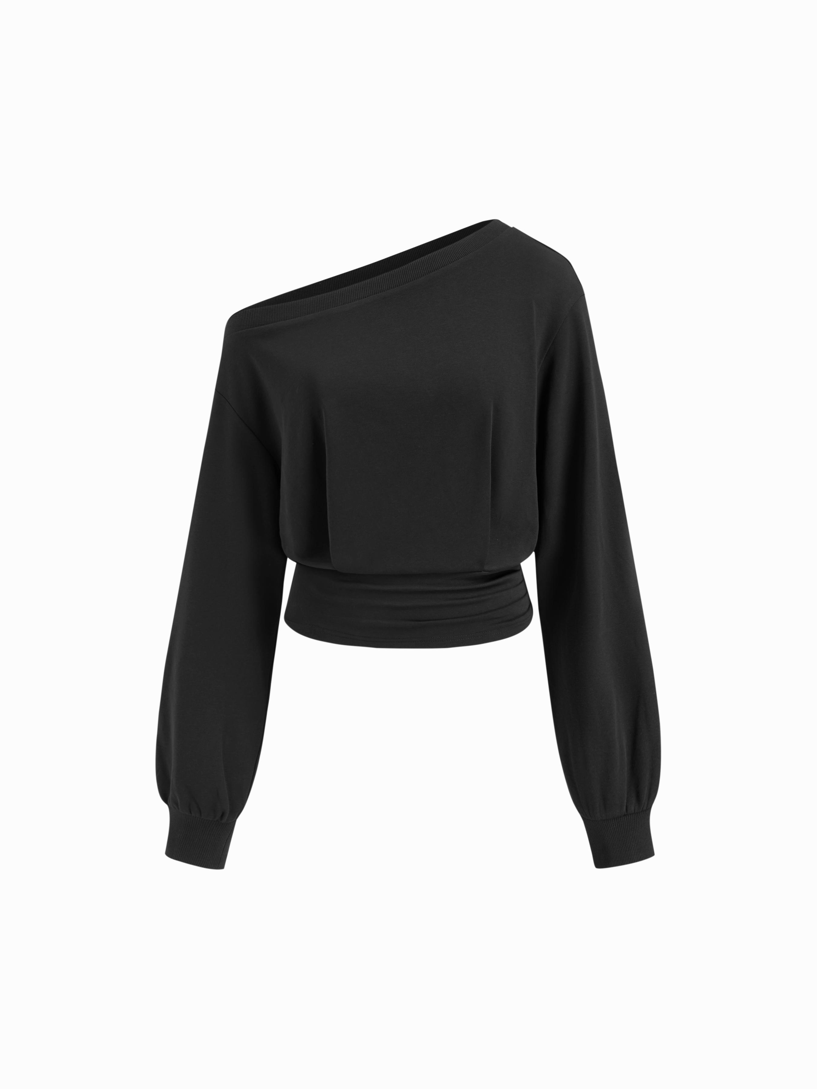 Cotton-blend Asymmetrical Neck Ruched Cinched Waist Sweatshirt by CIDER