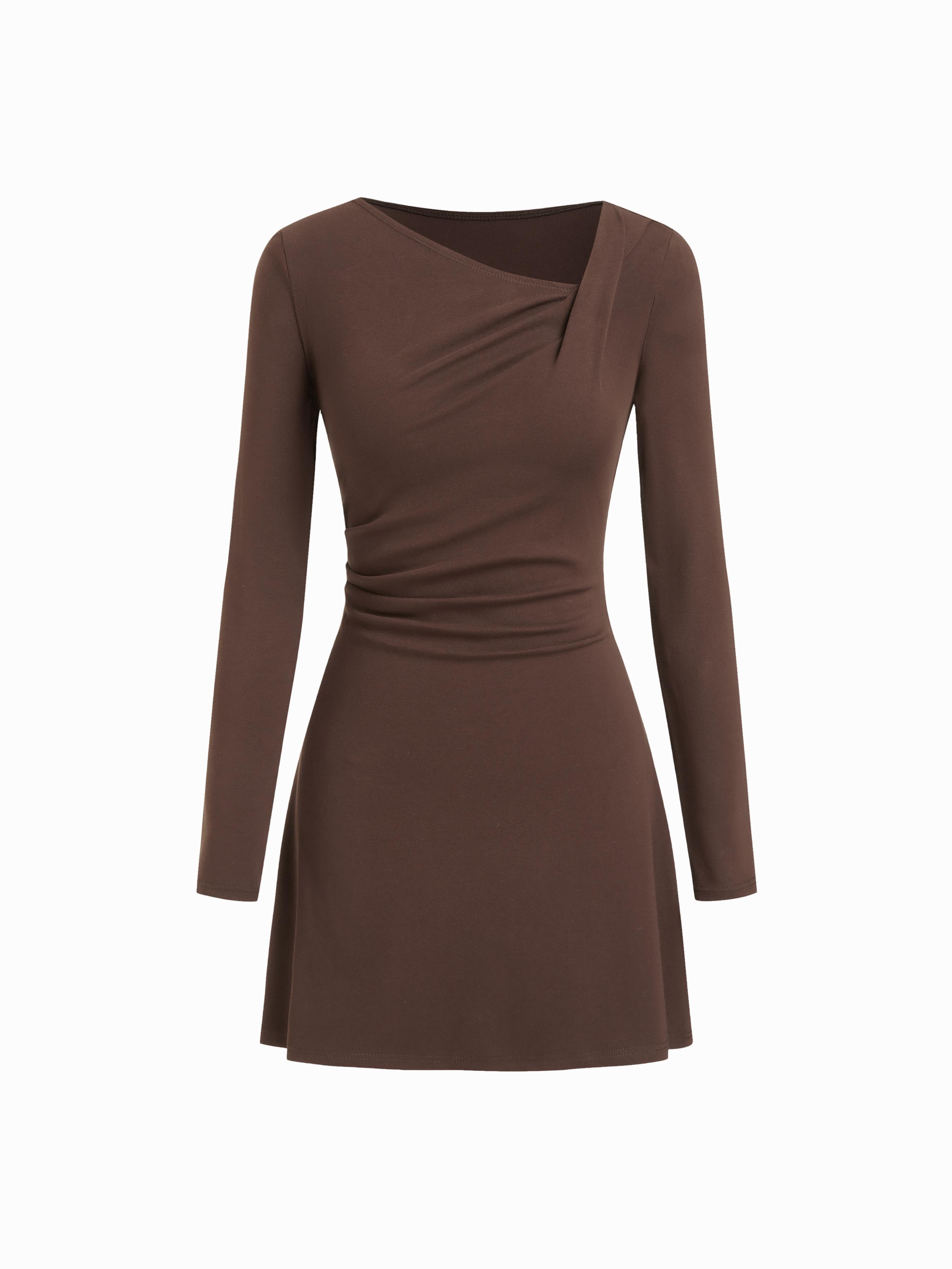 Cotton-blend Asymmetrical Neck Ruched Mini Dress by CIDER Cotton-blend Asymmetrical Neck Ruched Mini Dress by CIDER