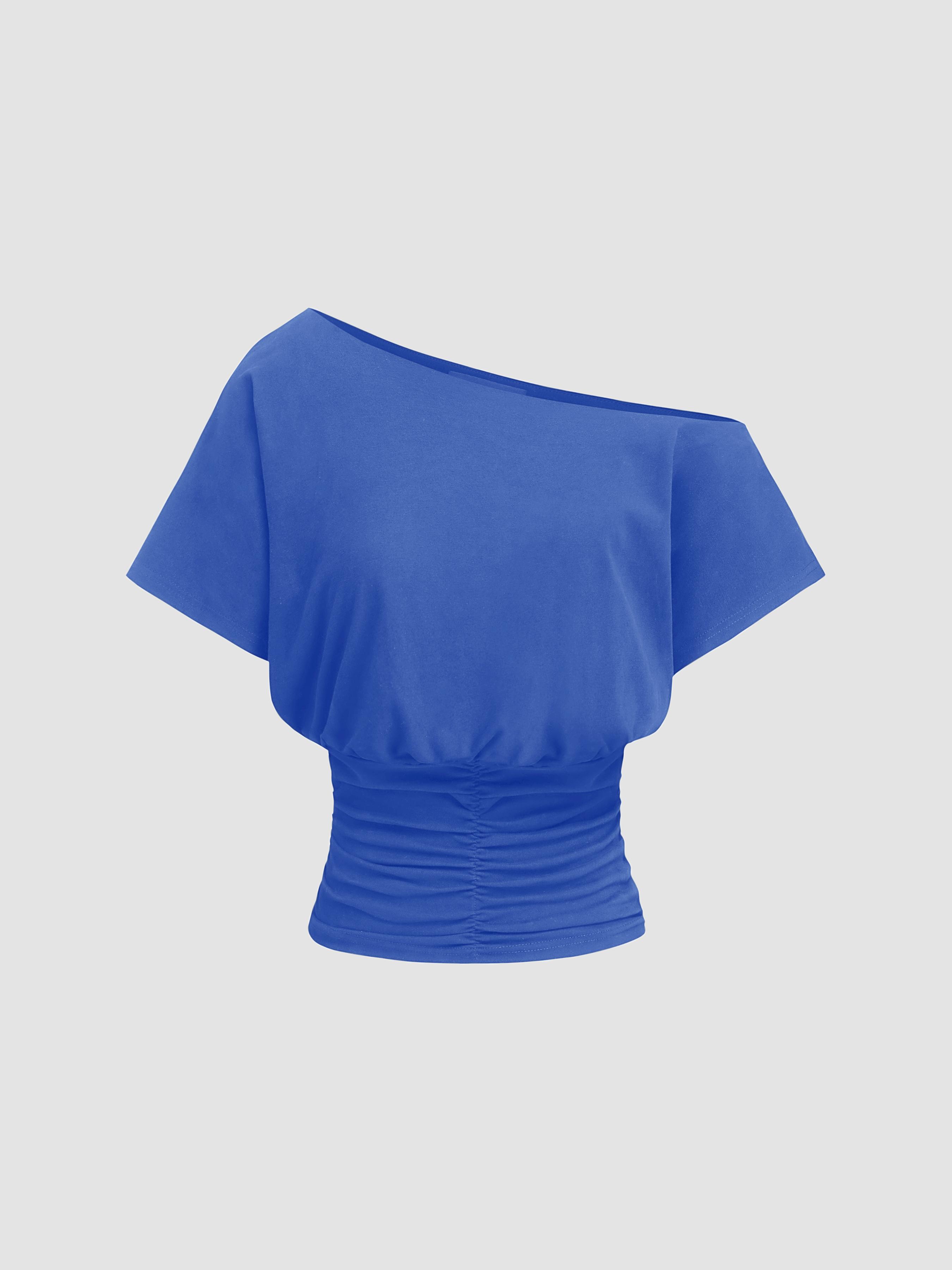 Cotton-blend Asymmetrical Neck Ruched Tee by CIDER