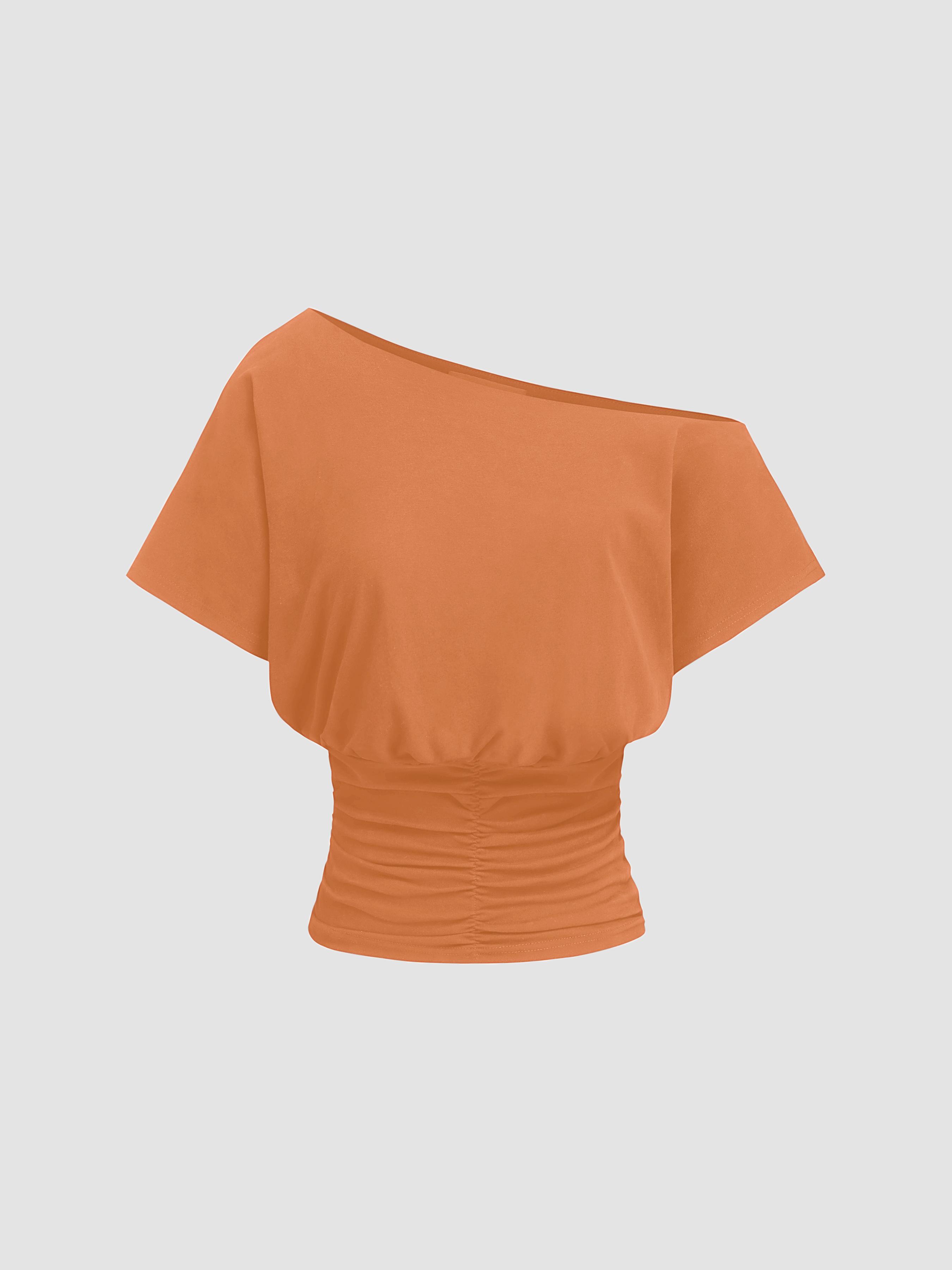 Cotton-blend Asymmetrical Neck Ruched Tee by CIDER