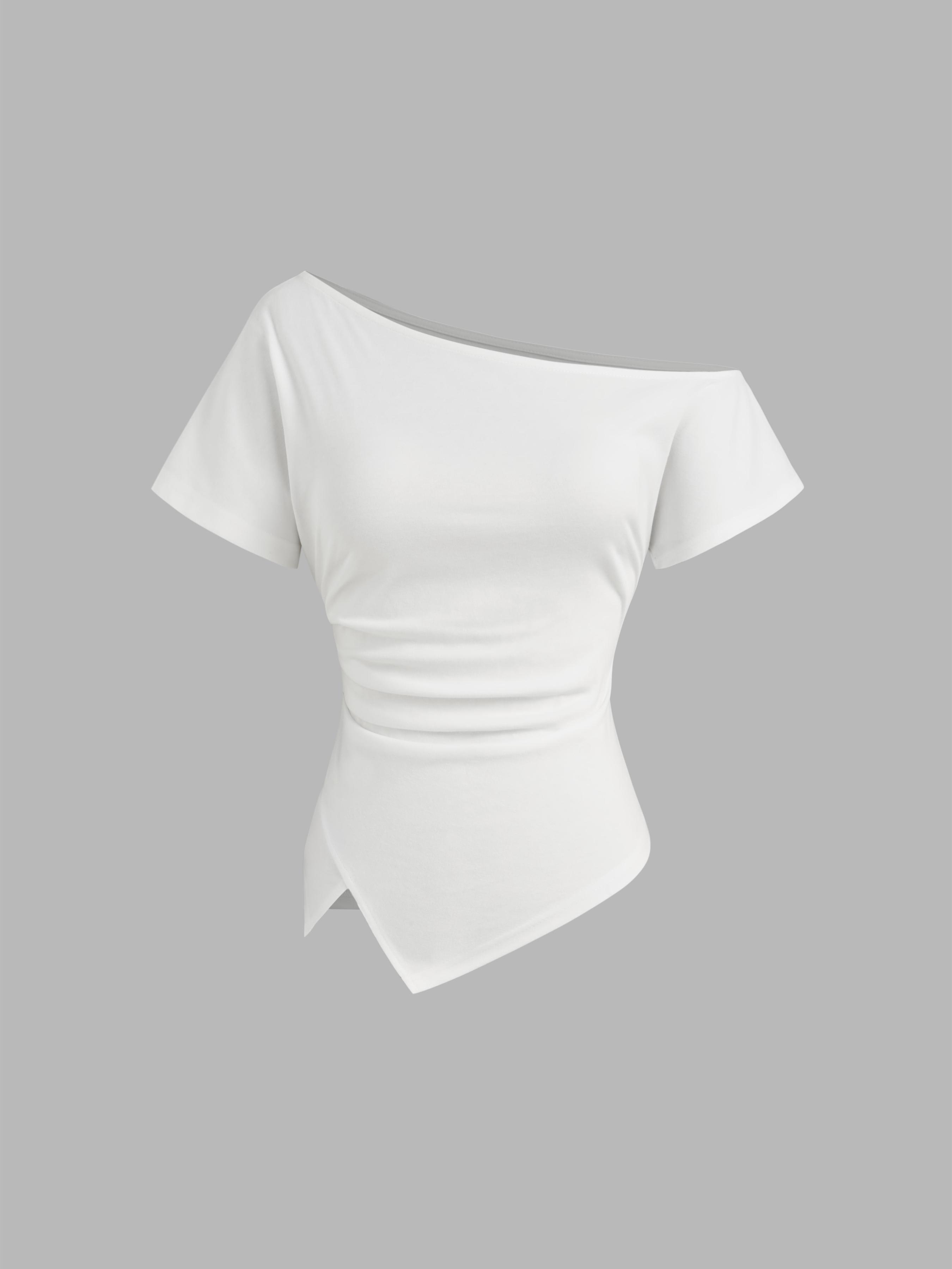 Cotton-blend Asymmetrical Neck Ruched Tee by CIDER