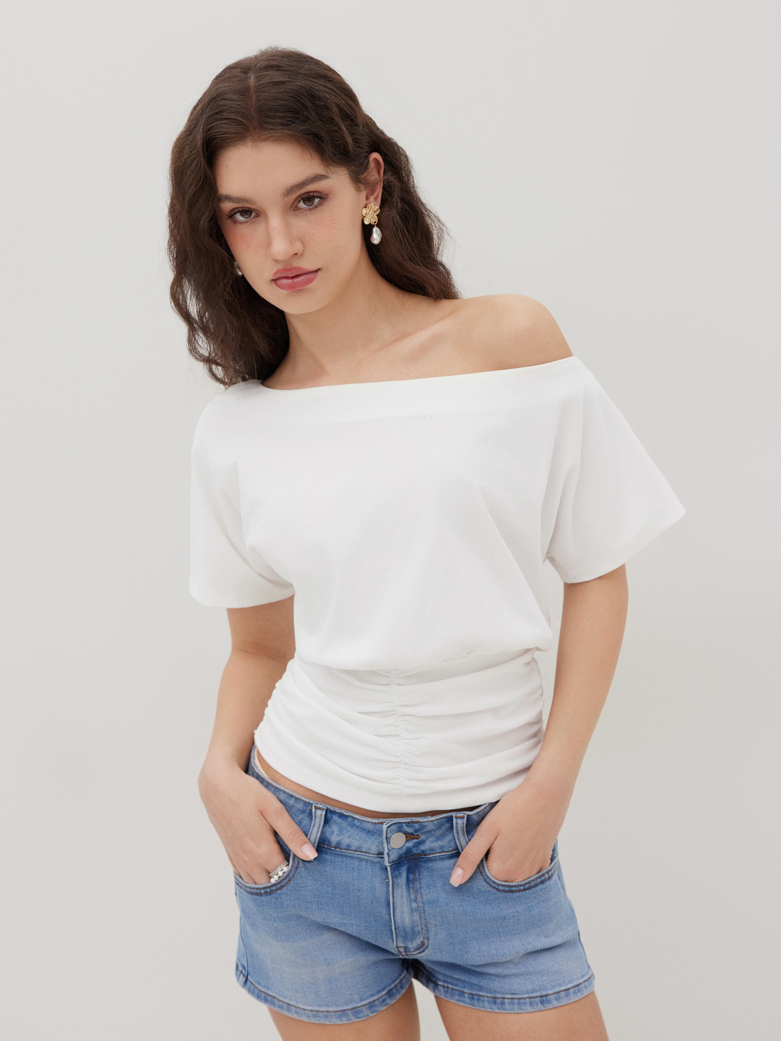 Cotton-blend Asymmetrical Neck Ruched Tee by CIDER
