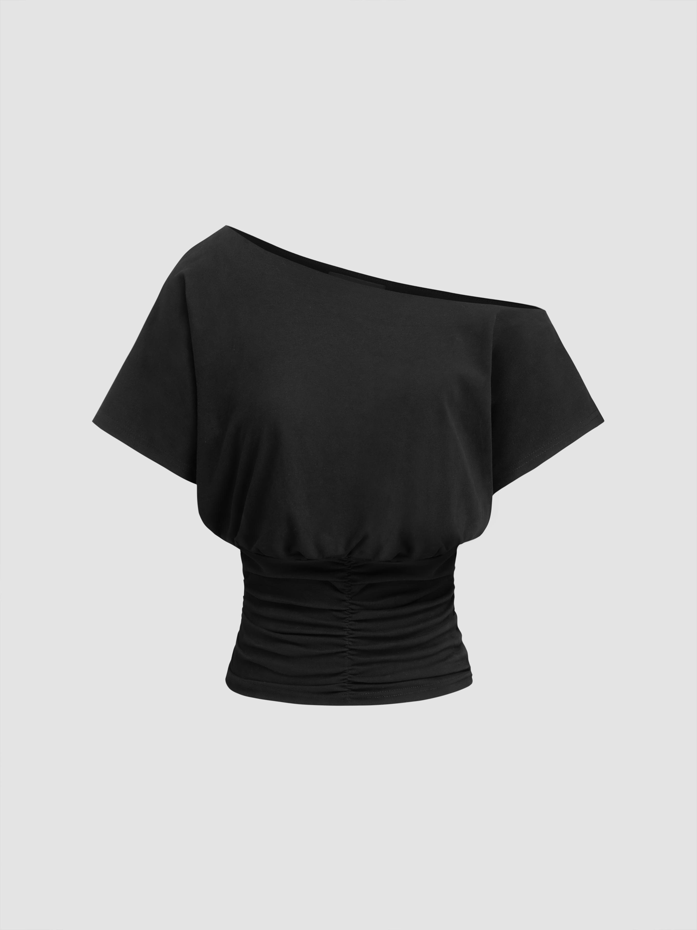 Cotton-blend Asymmetrical Neck Ruched Tee by CIDER