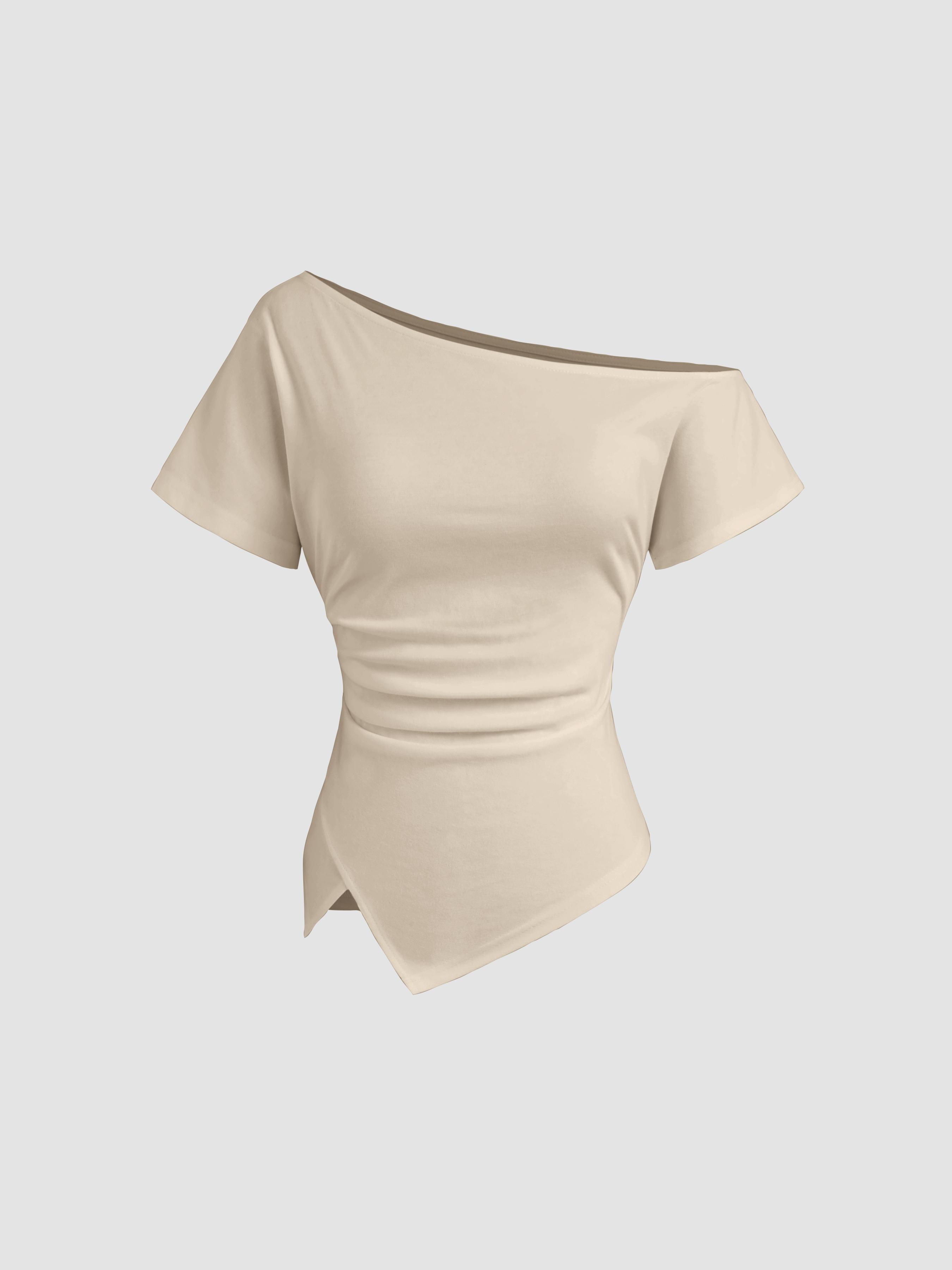 Cotton-blend Asymmetrical Neck Ruched Tee by CIDER