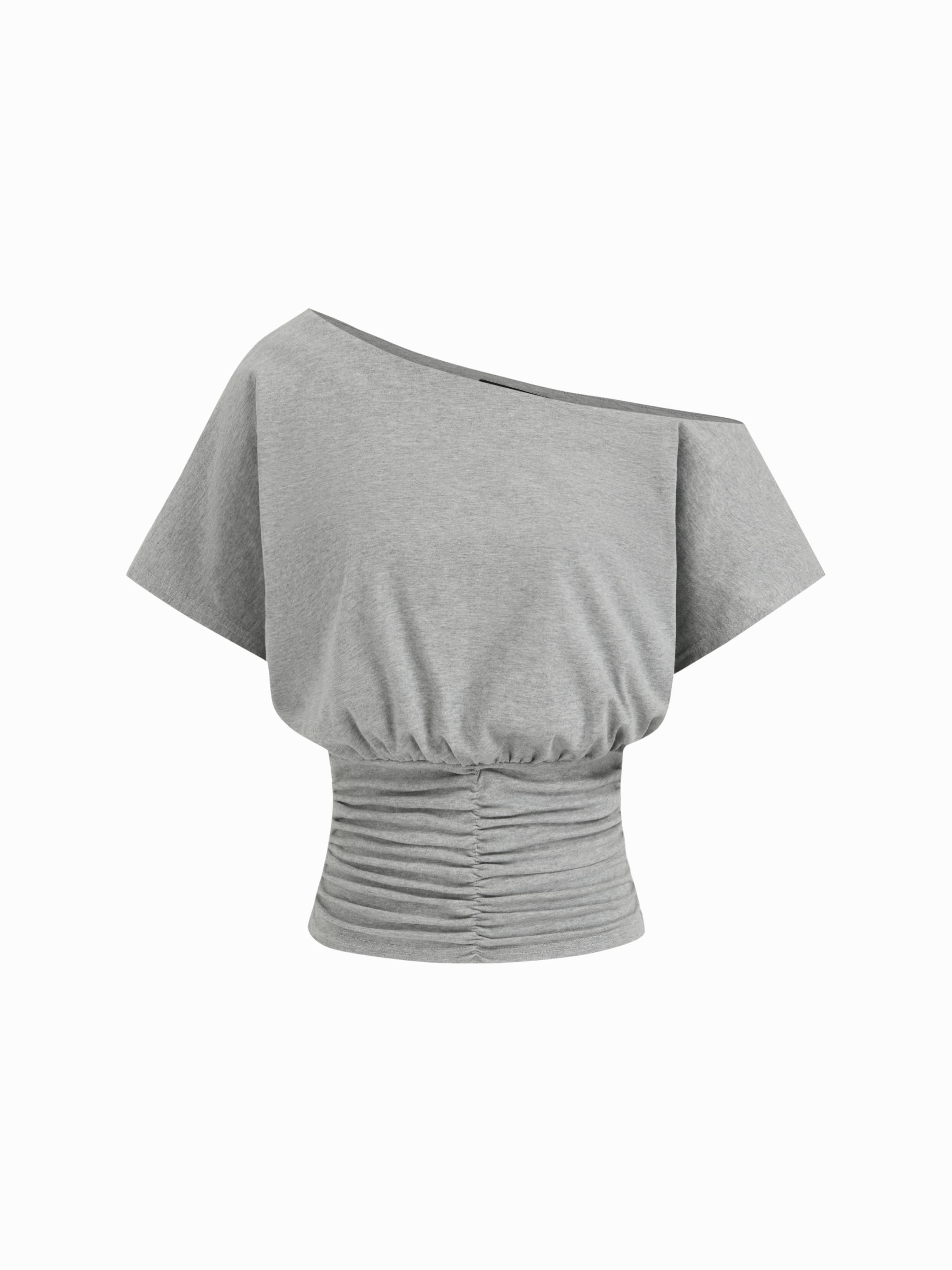 Cotton-blend Asymmetrical Neck Ruched Tee by CIDER