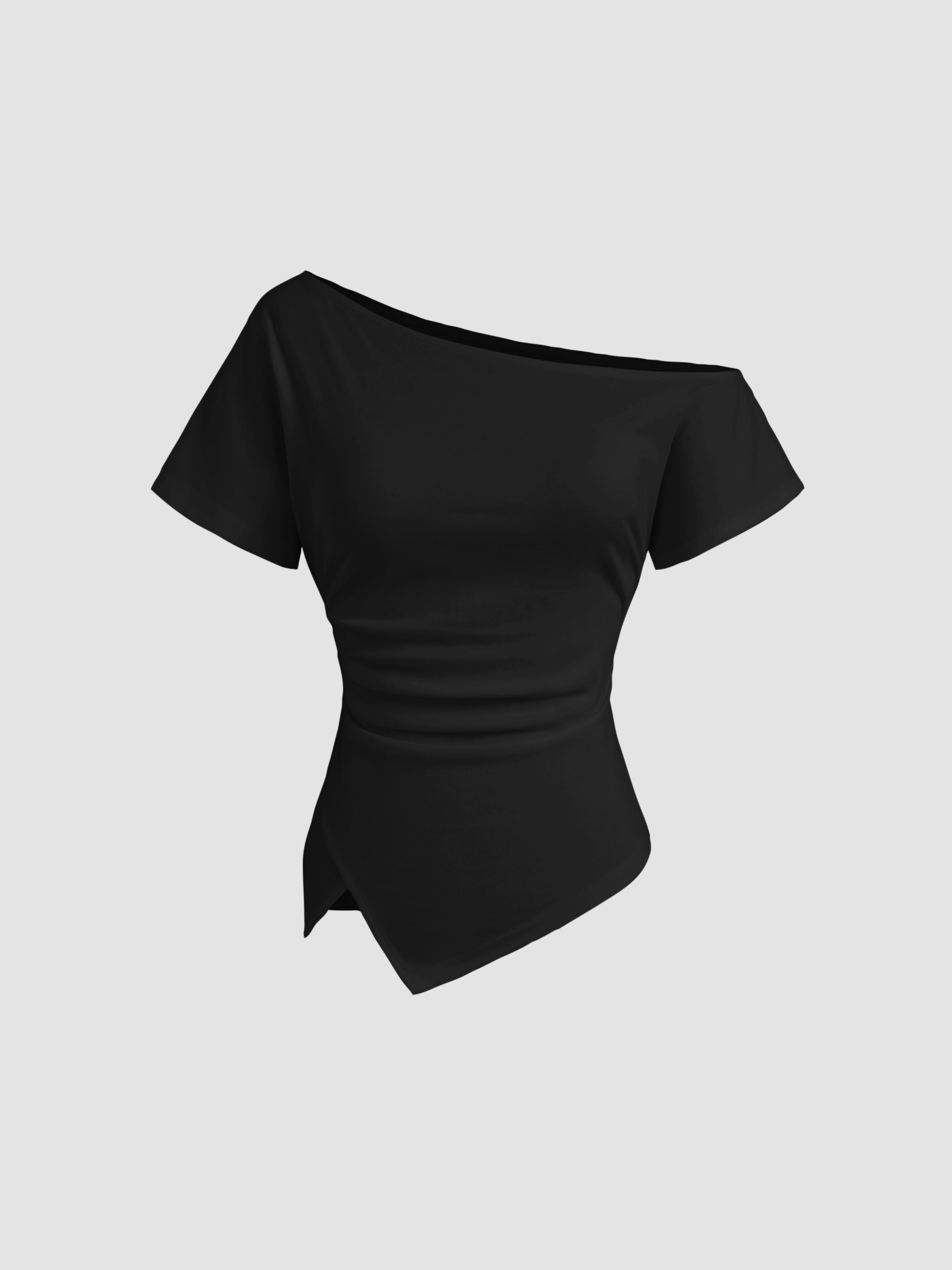 Cotton-blend Asymmetrical Neck Ruched Tee by CIDER