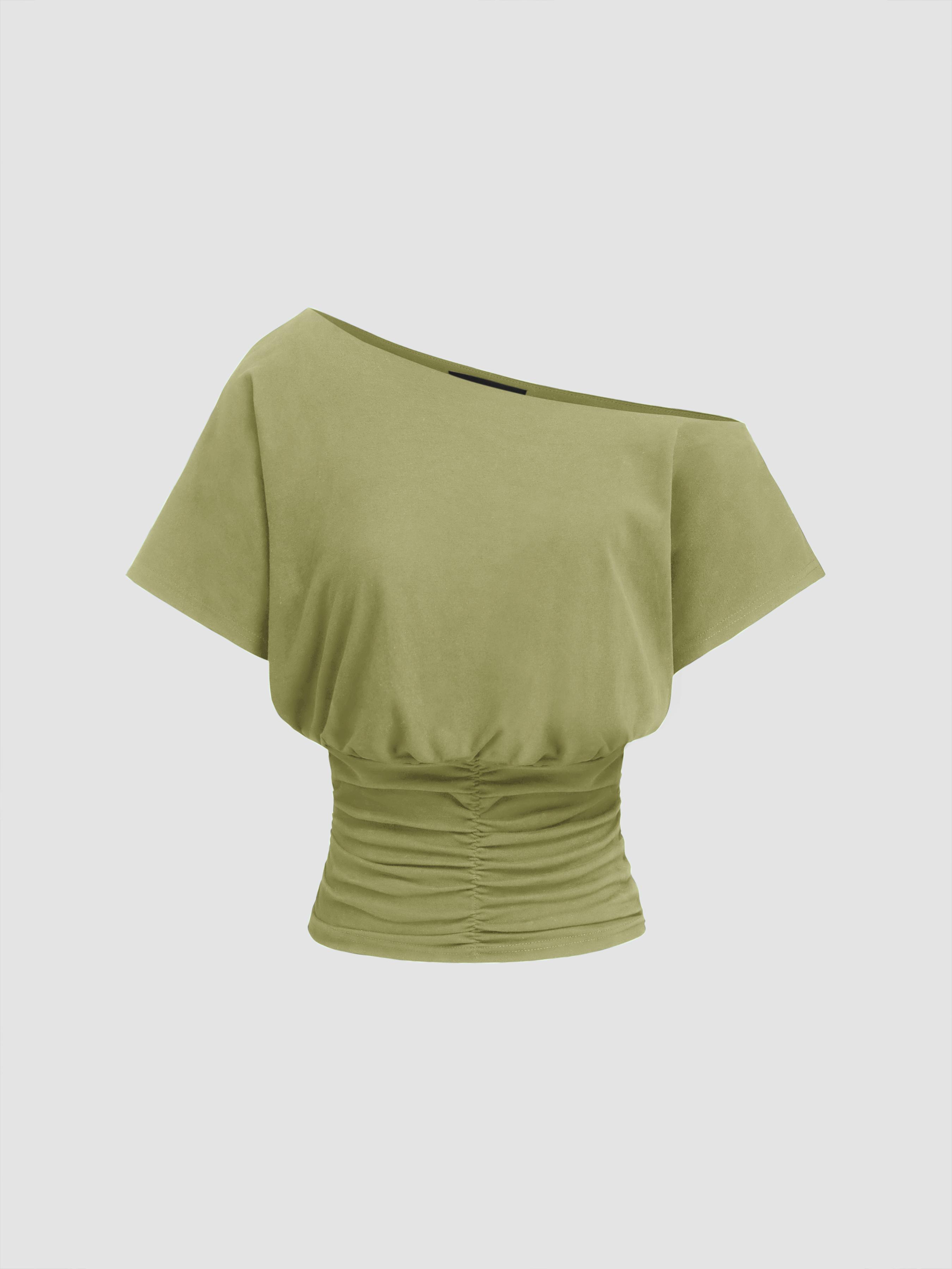 Cotton-blend Asymmetrical Neck Ruched Tee by CIDER