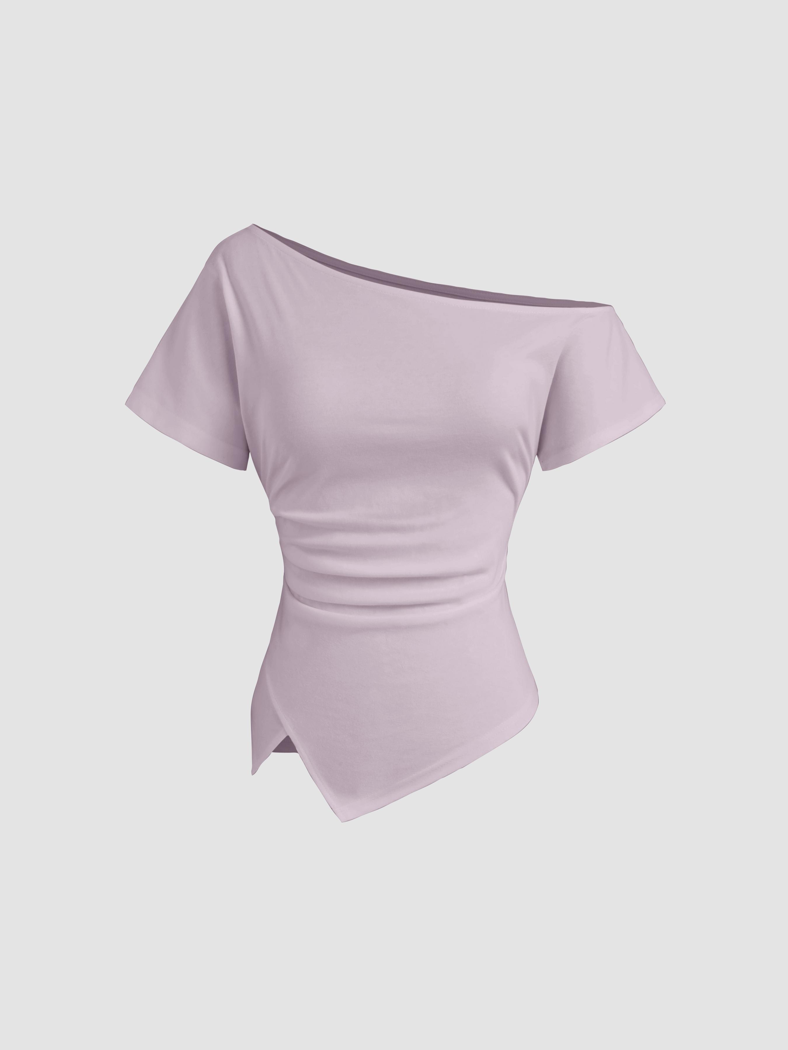 Cotton-blend Asymmetrical Neck Ruched Tee by CIDER