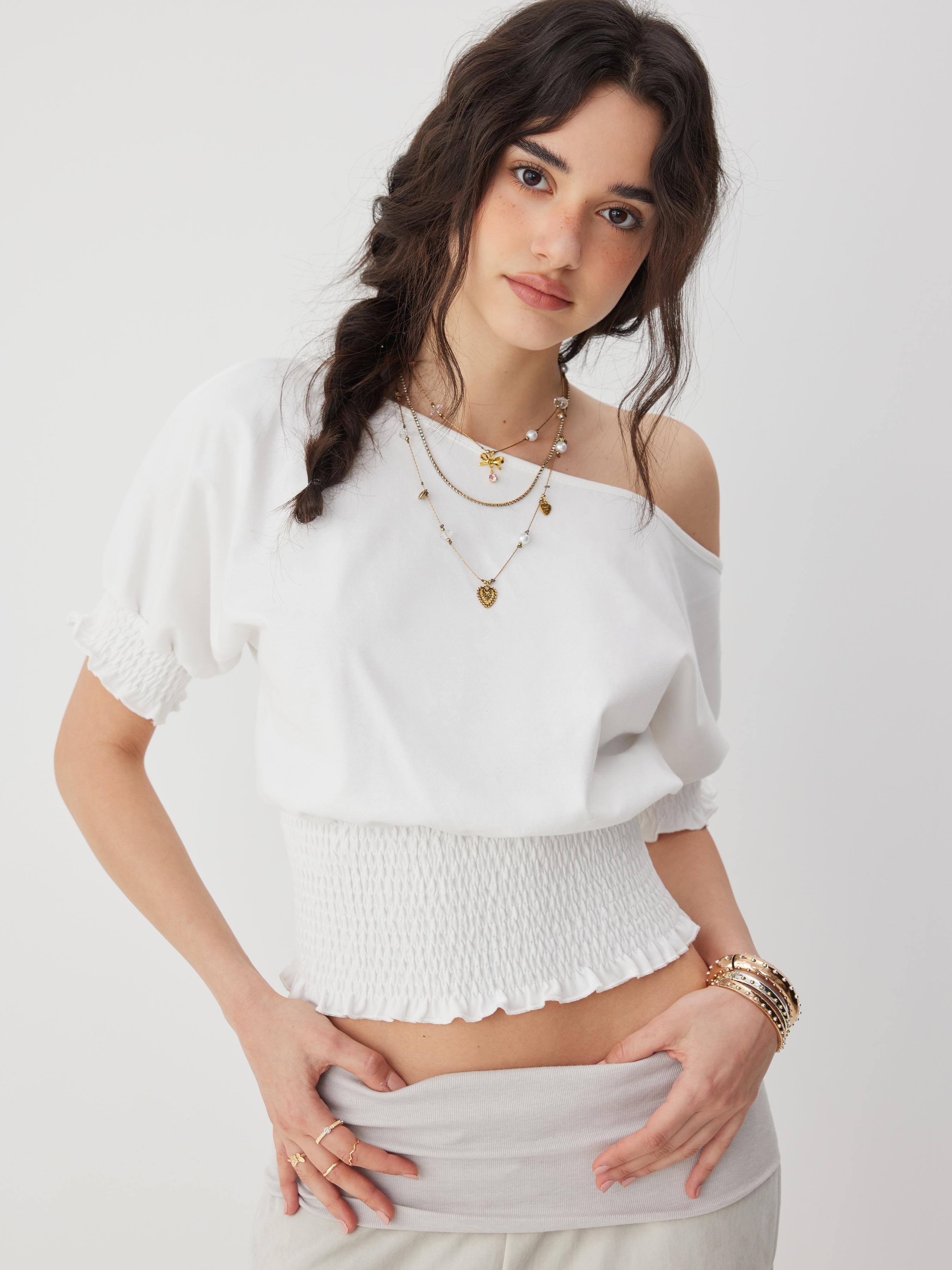 Cotton-blend Asymmetrical Neck Ruffled Sleeve Shirred Oversized Tee by CIDER