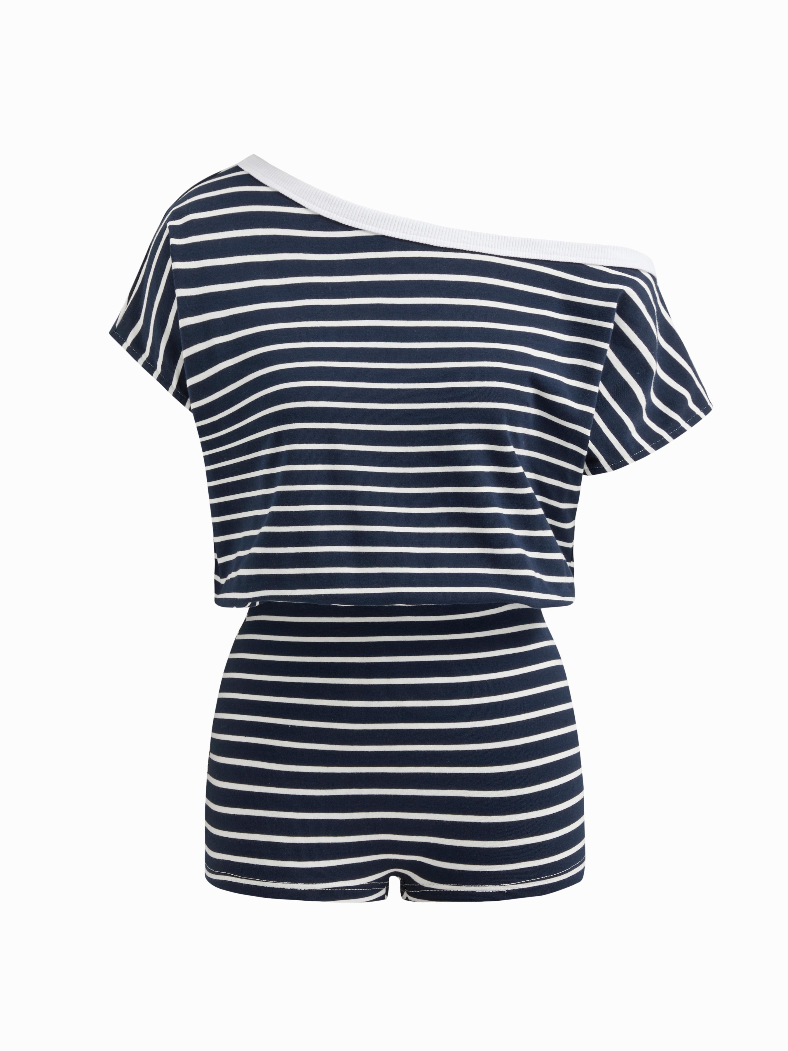 Cotton-blend Asymmetrical Neck Stripe Micro Lounge Romper by CIDER