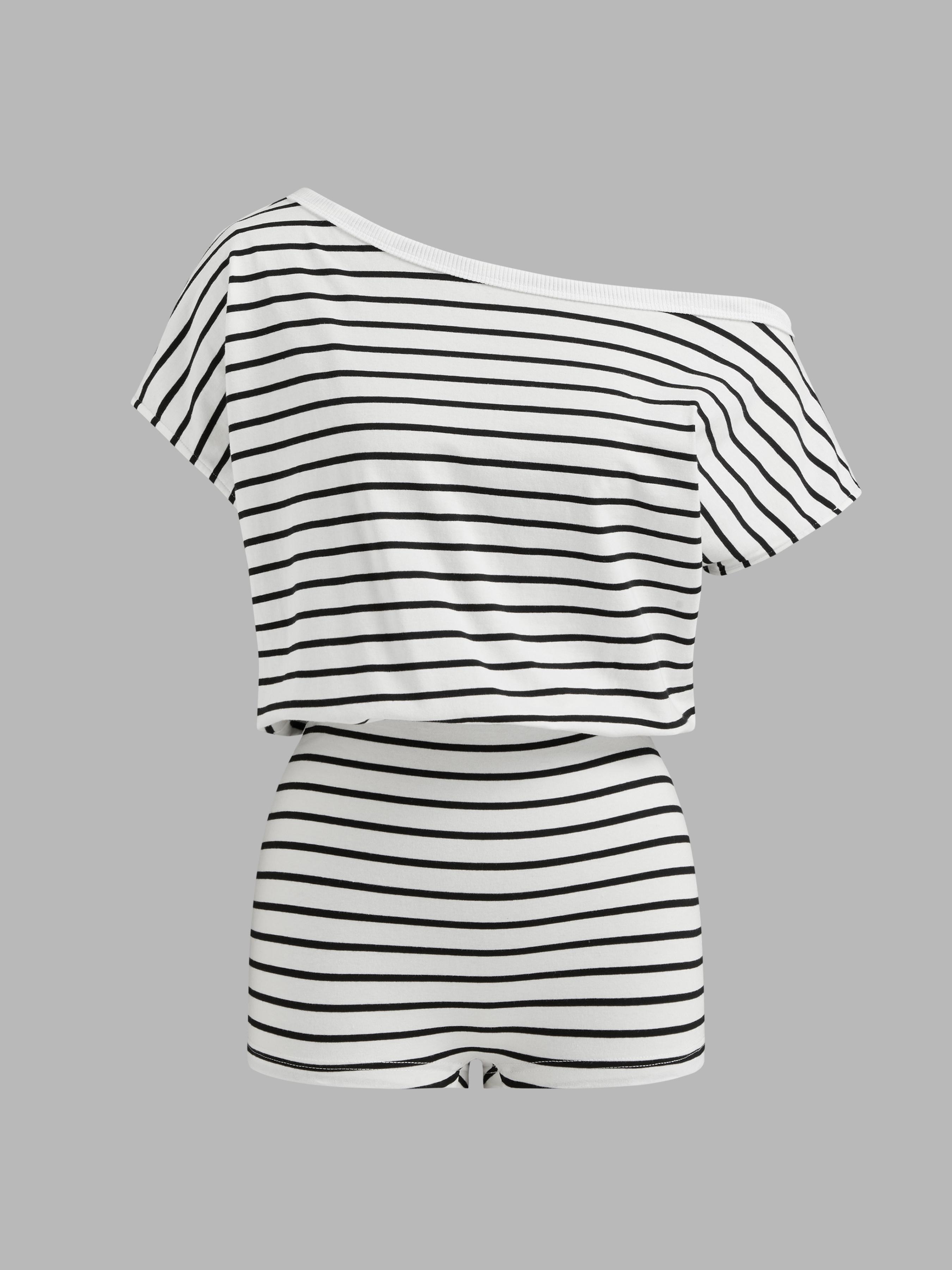 Cotton-blend Asymmetrical Neck Stripe Micro Lounge Romper by CIDER