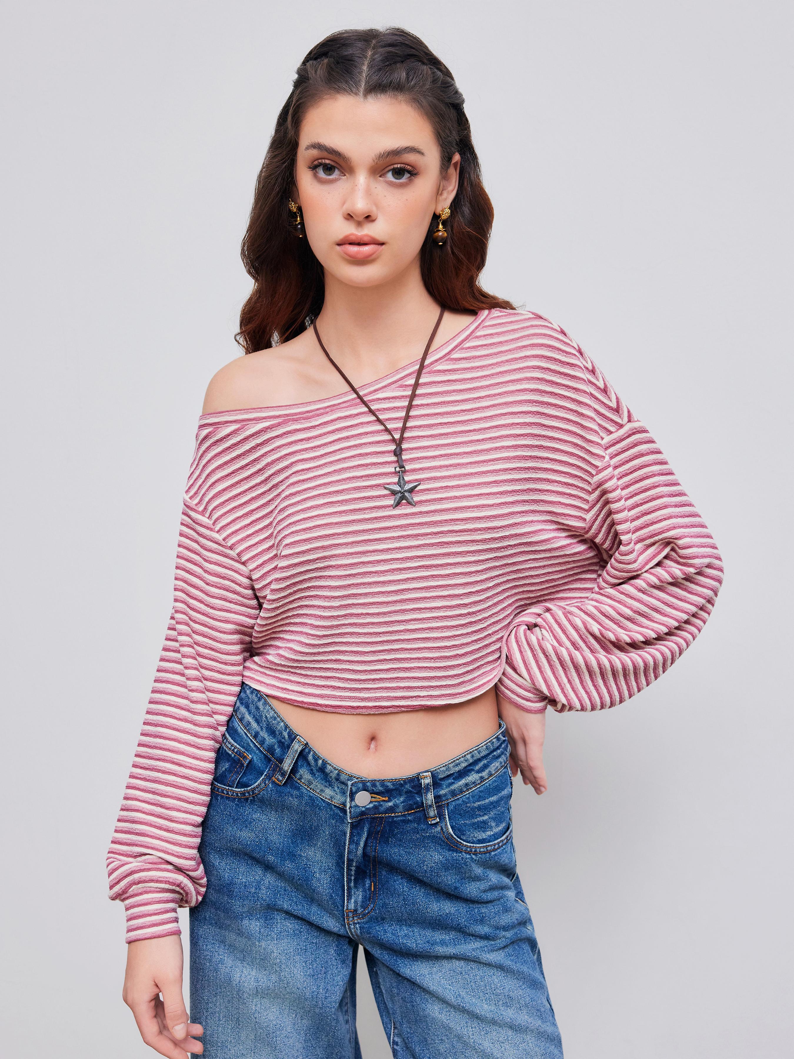Cotton-blend Asymmetrical Neck Stripe Oversized Crop Sweatshirt by CIDER