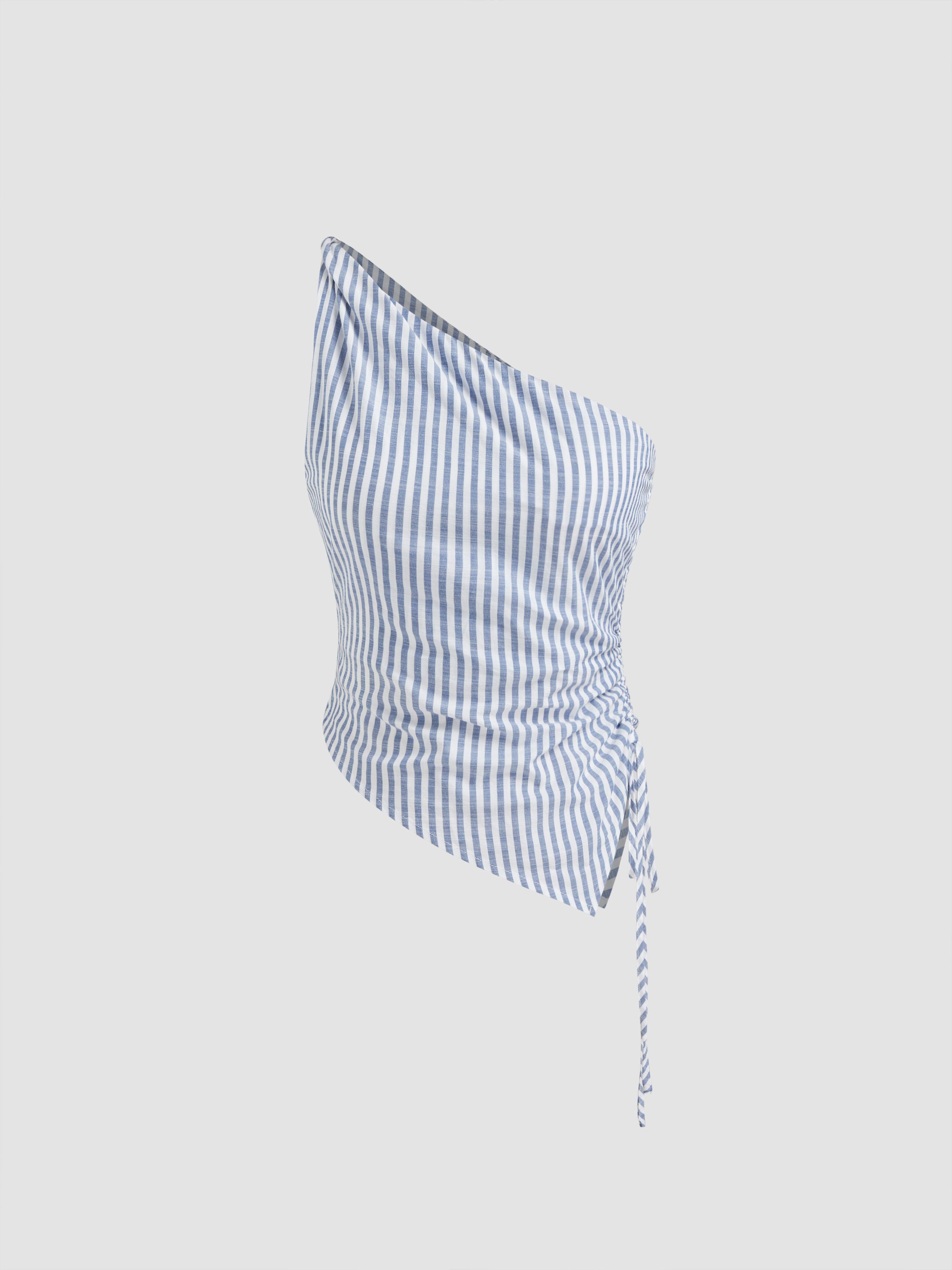 Cotton-blend Asymmetrical Neck Stripe Ruched Top by CIDER