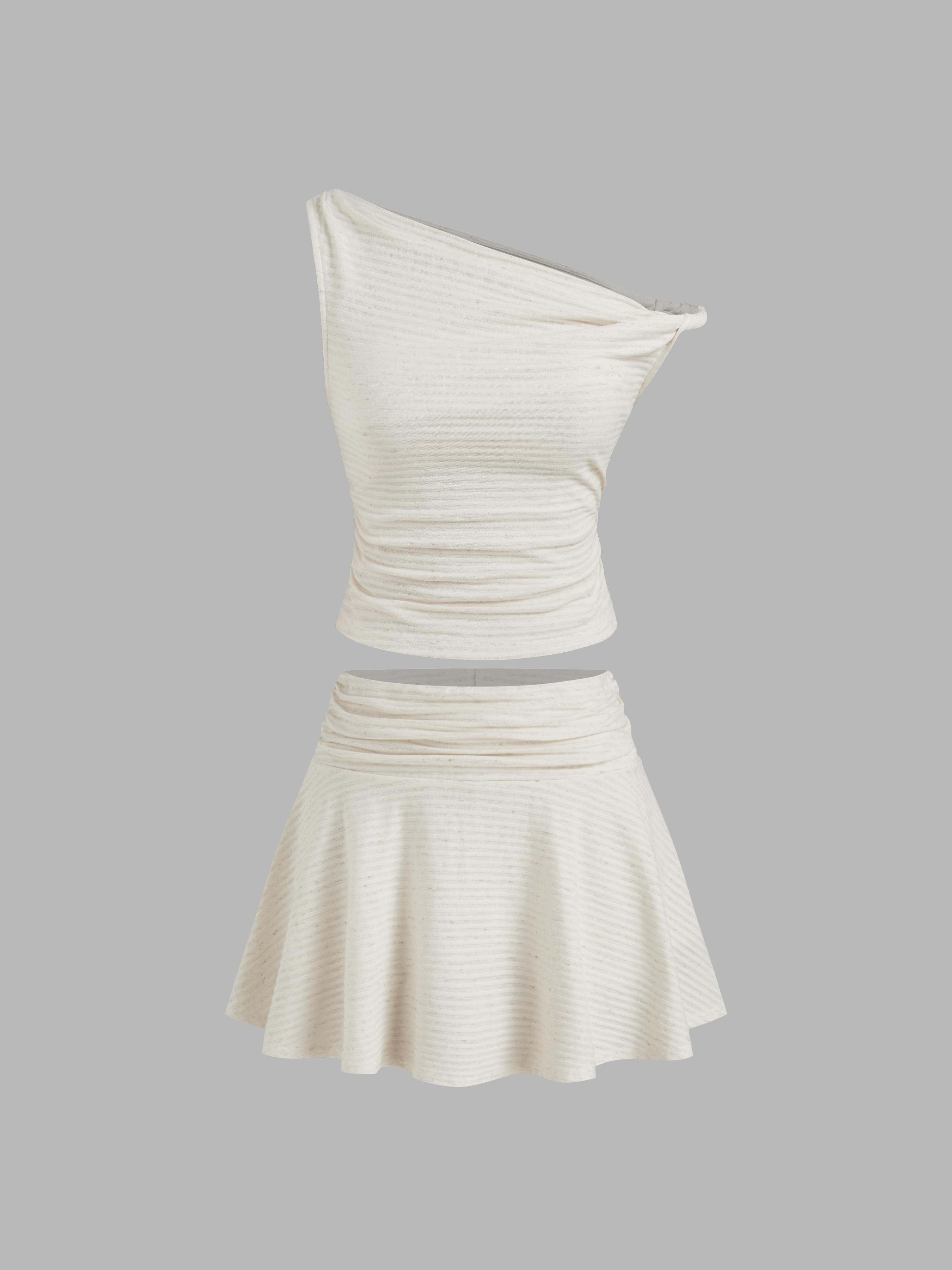 Cotton-blend Asymmetrical Neck Stripe Twist Top & Mid Rise Ruched Mini Skort Set by CIDER