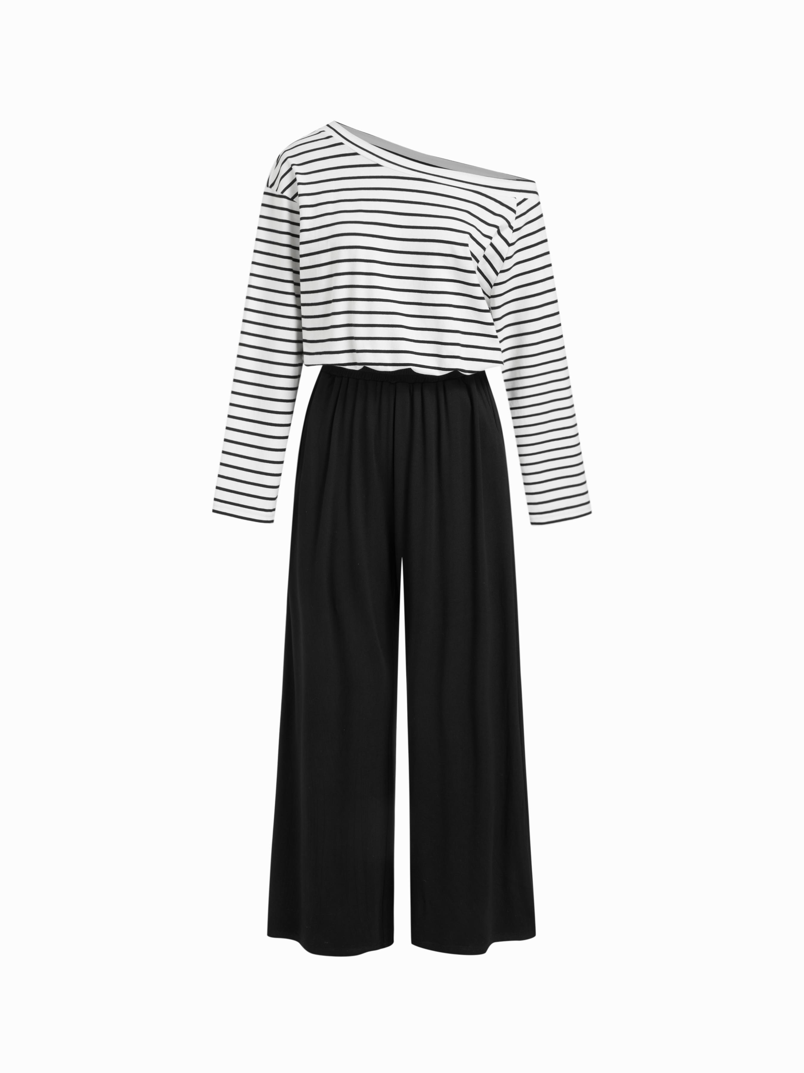 Cotton-blend Asymmetrical Neck Striped Oversized Loungewear Romper by CIDER