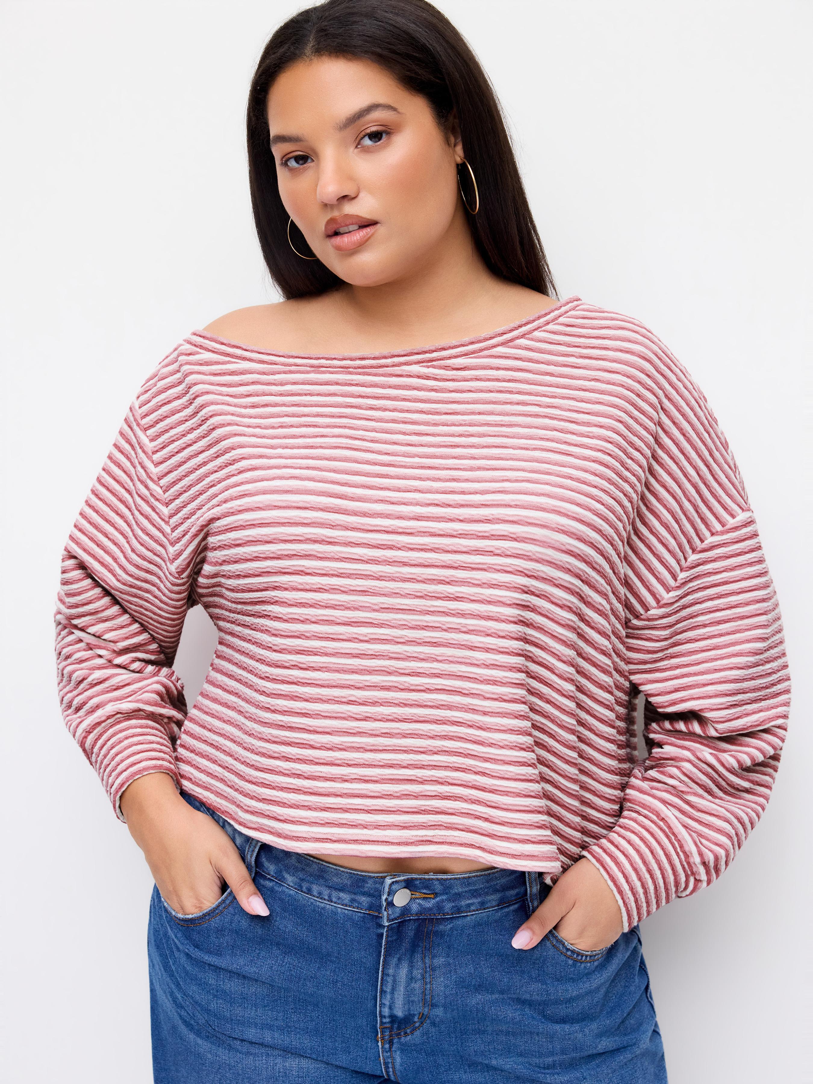Cotton-blend Asymmetrical Neck Striped Oversized Sweatshirt Curve & Plus by CIDER