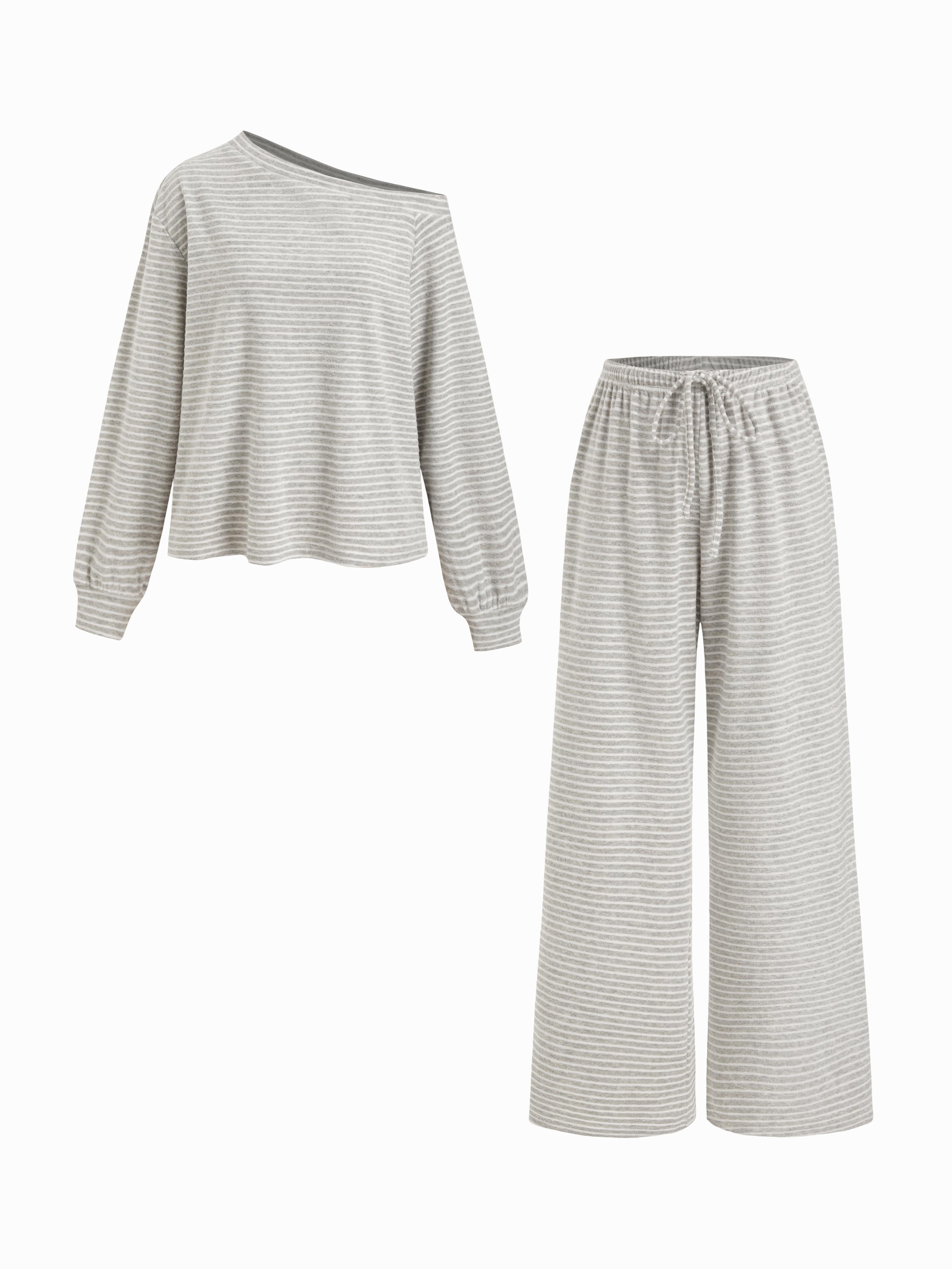 Cotton-blend Asymmetrical Neck Striped Oversized Top & Mid Rise Drawstring Trousers Loungewear Set by CIDER