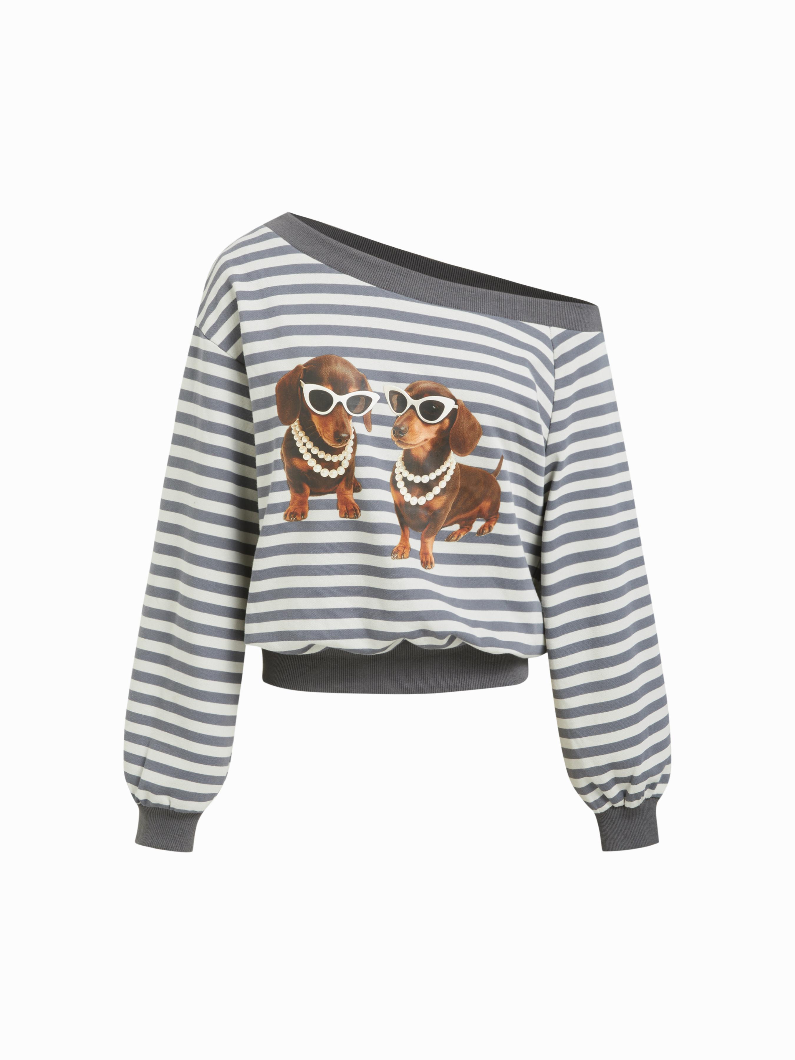 Cotton-blend Asymmetrical Neck Striped Puppies Graphic Oversized Sweatshirt by CIDER