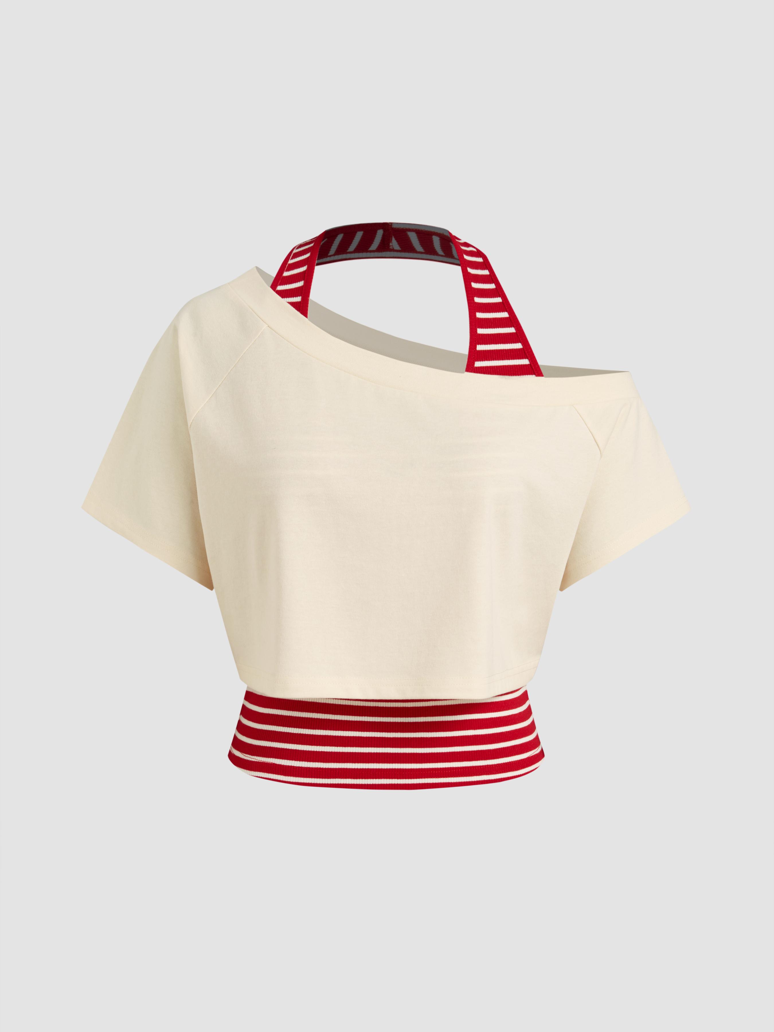 Cotton-blend Asymmetrical Neck Tee With Halter Neckline Stripe Top by CIDER