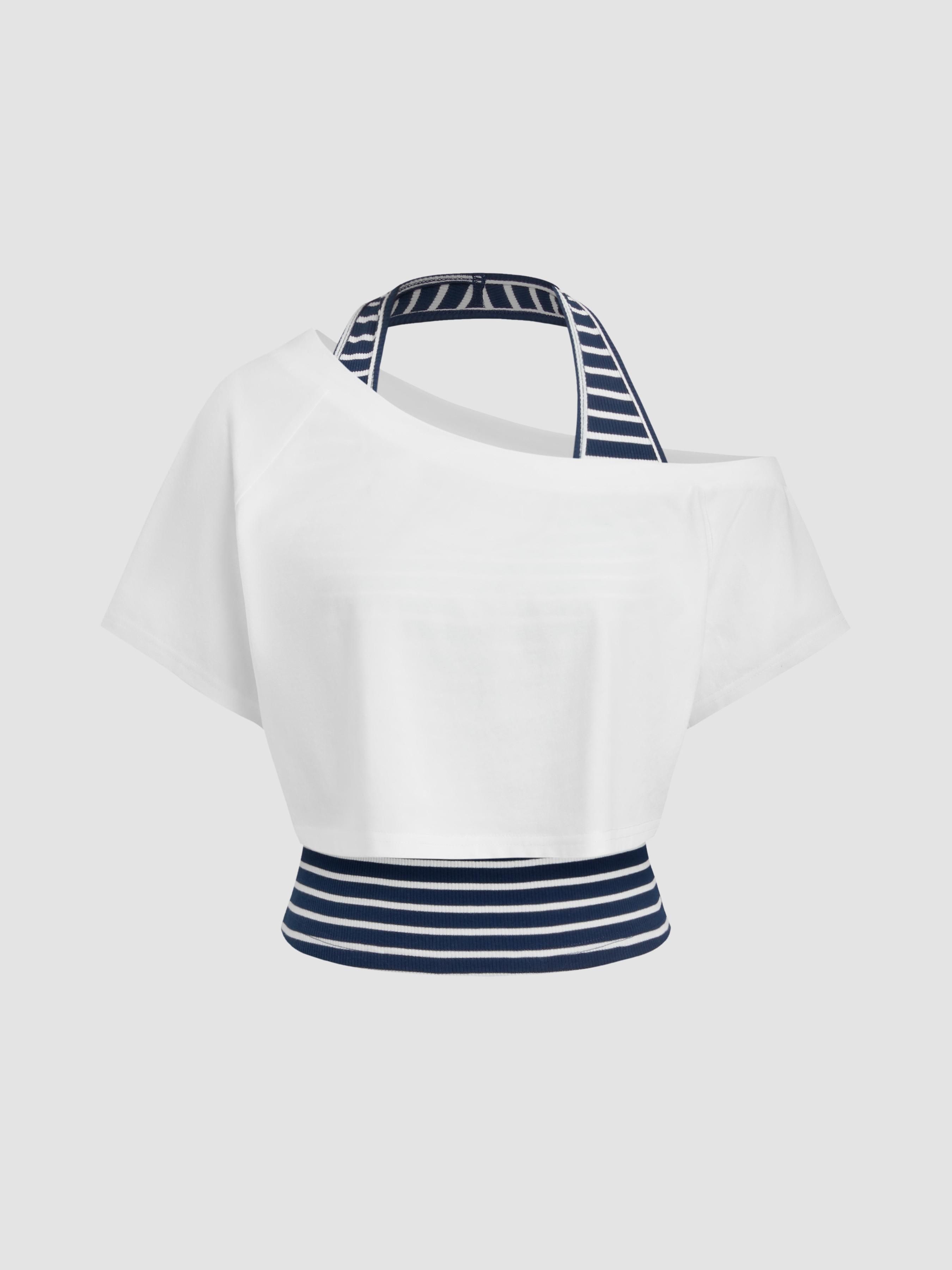 Cotton-blend Asymmetrical Neck Tee With Halter Neckline Stripe Top by CIDER