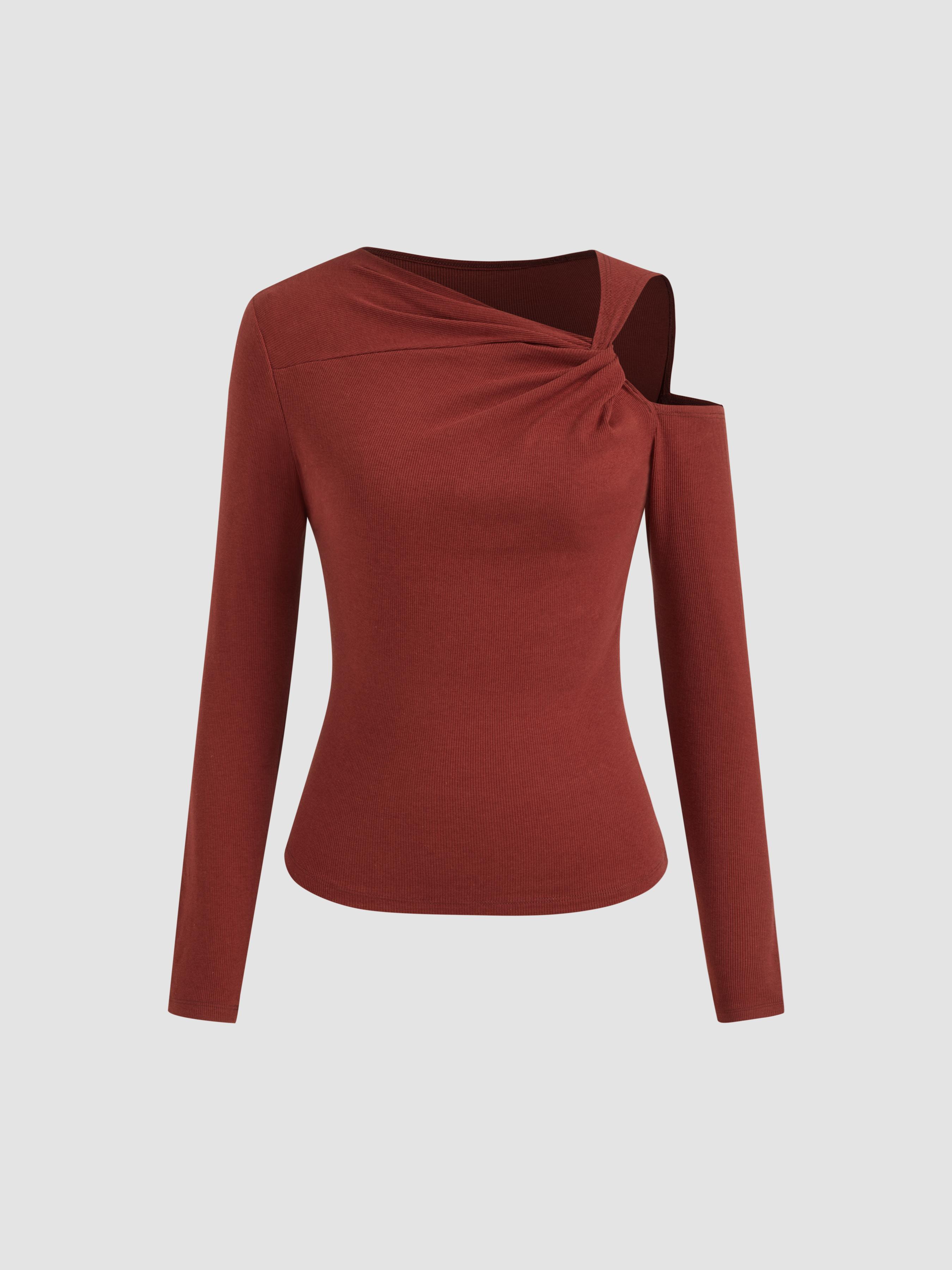 Cotton-blend Asymmetrical Neck Twist Long Sleeve Top by CIDER