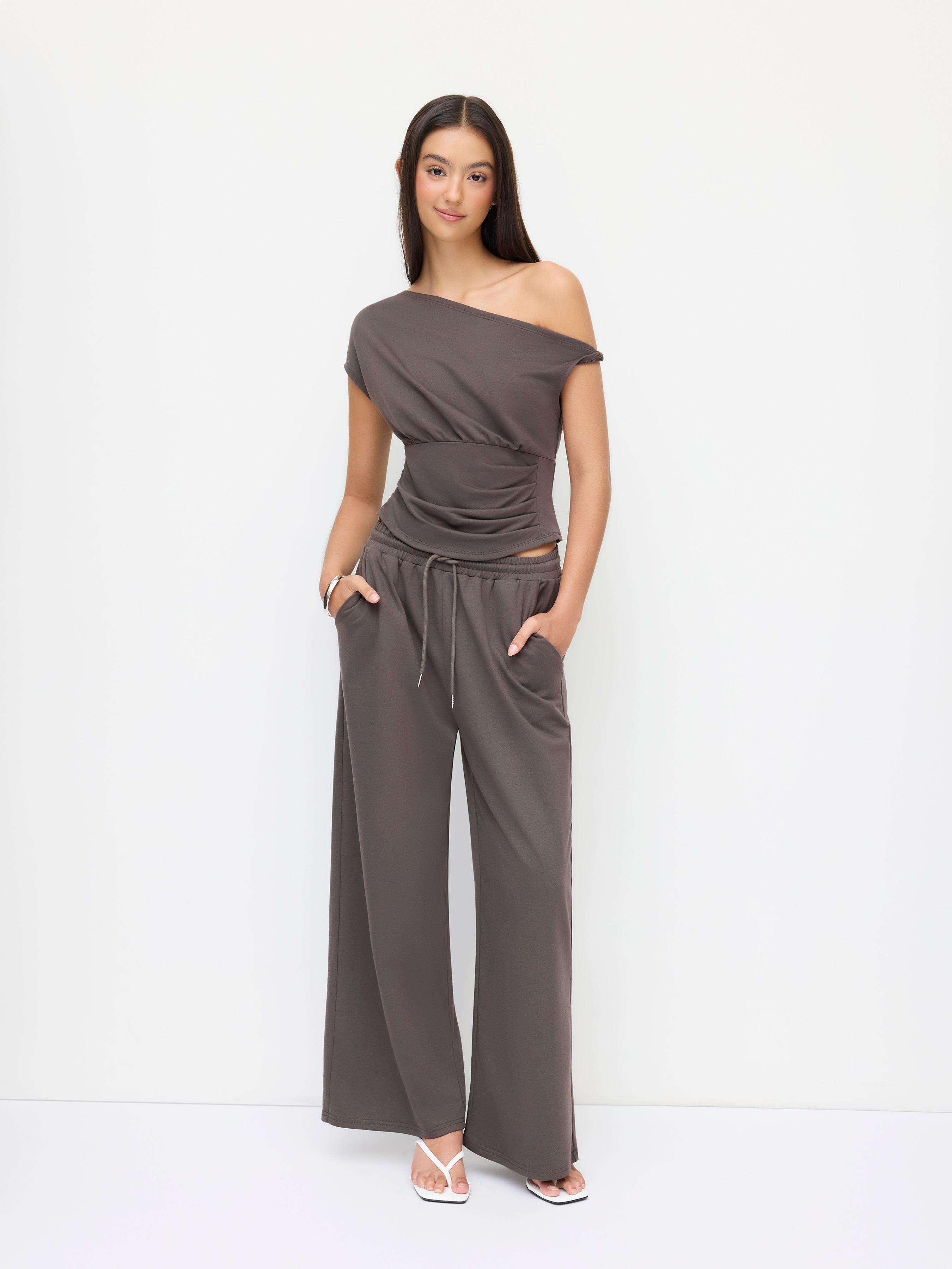 Cotton-blend Asymmetrical Neck Twist Ruched Top & Mid Rise Drawstring Trousers Set by CIDER